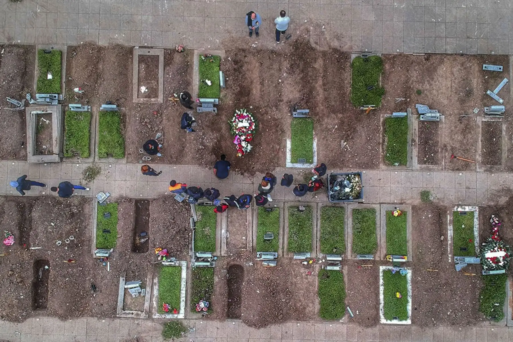 Vista aérea de familiares que asistieron a un funeral respetando los protocolos sanitarios en el cementerio de Flores en Buenos Aires. Foto: AFP