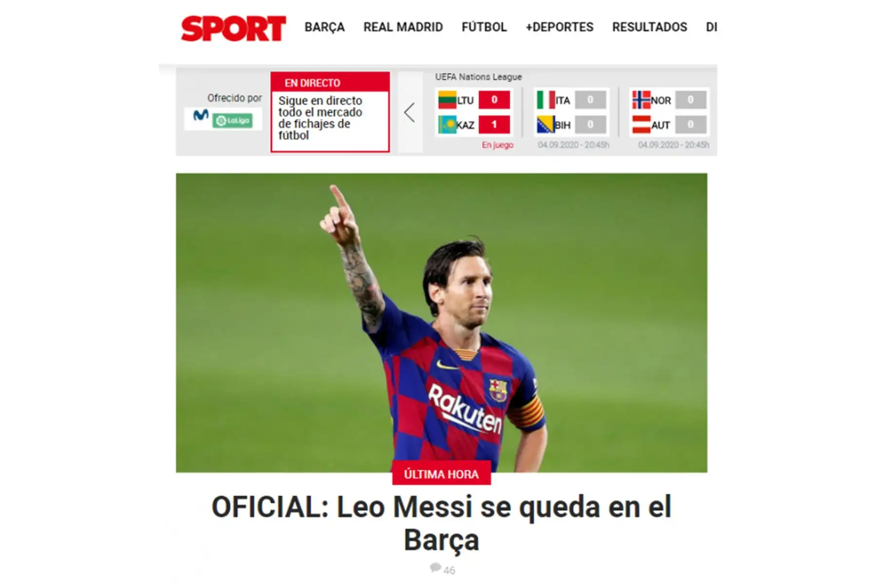 Sport de España. Reacciones de la prensa internacional tras el anuncio de la continuidad de Lionel Messi en el Barcelona de España. Foto: INTERNET/Medios