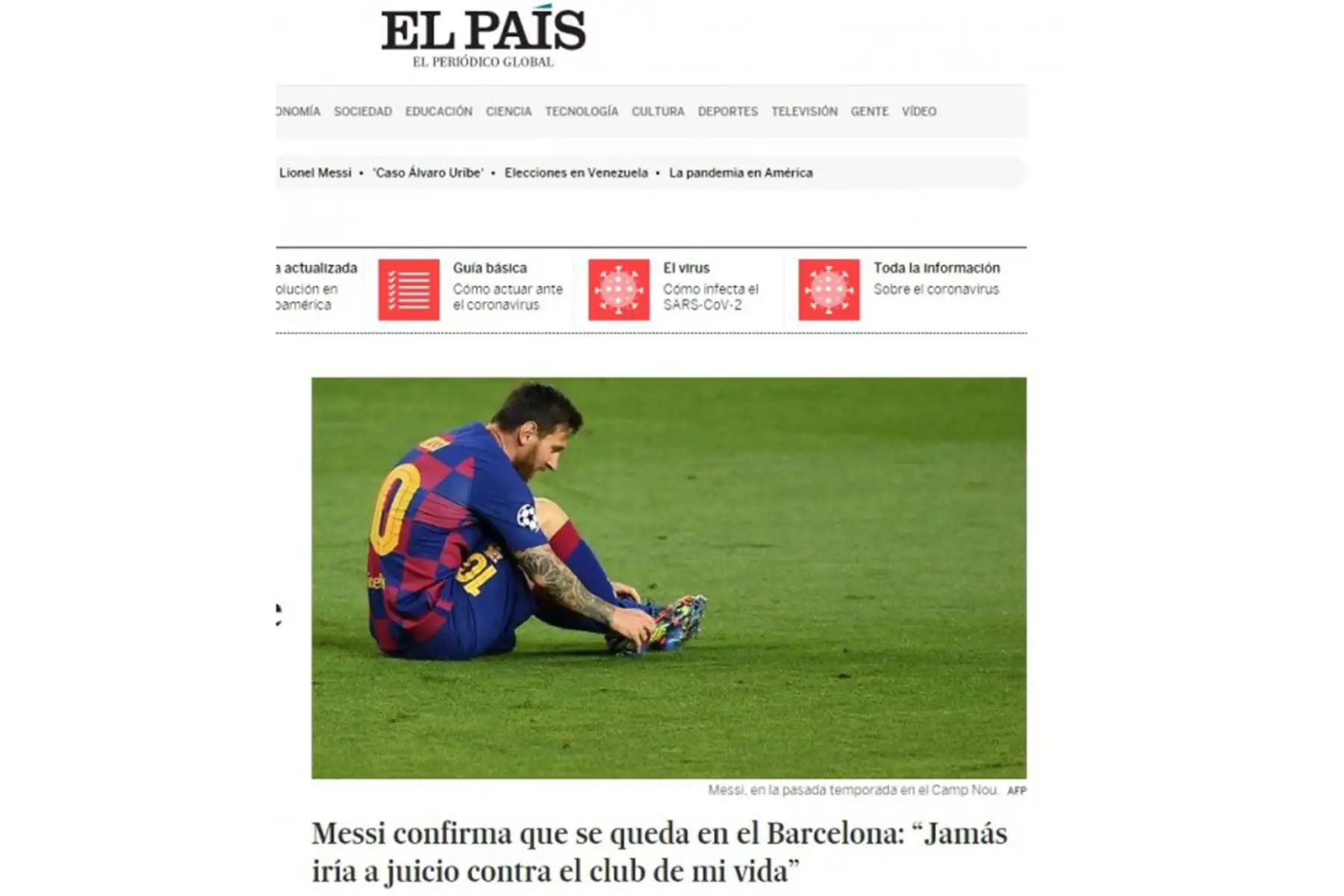 El País de España. Reacciones de la prensa internacional tras el anuncio de la continuidad de Lionel Messi en el Barcelona de España. Foto: INTERNET/Medios