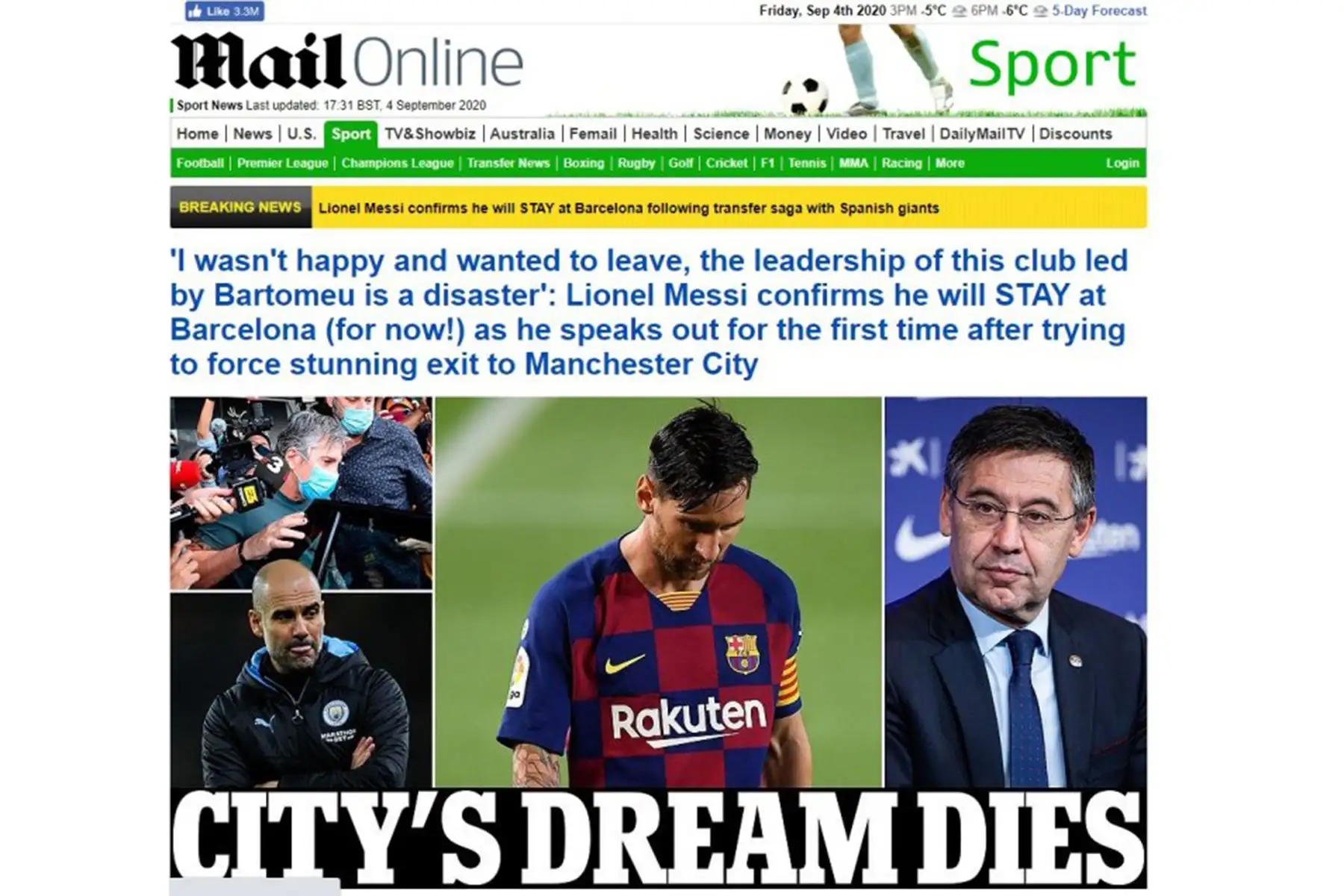 Daily Mail de Inglaterra. Reacciones de la prensa internacional tras el anuncio de la continuidad de Lionel Messi en el Barcelona de España. Foto: INTERNET/Medios