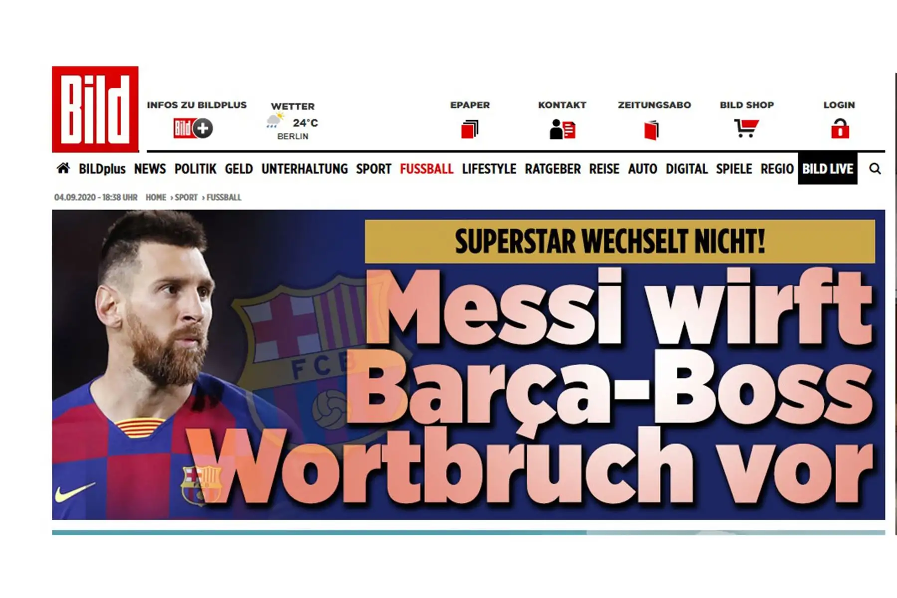 Bild de Alemania. Reacciones de la prensa internacional tras el anuncio de la continuidad de Lionel Messi en el Barcelona de España. Foto: INTERNET/Medios