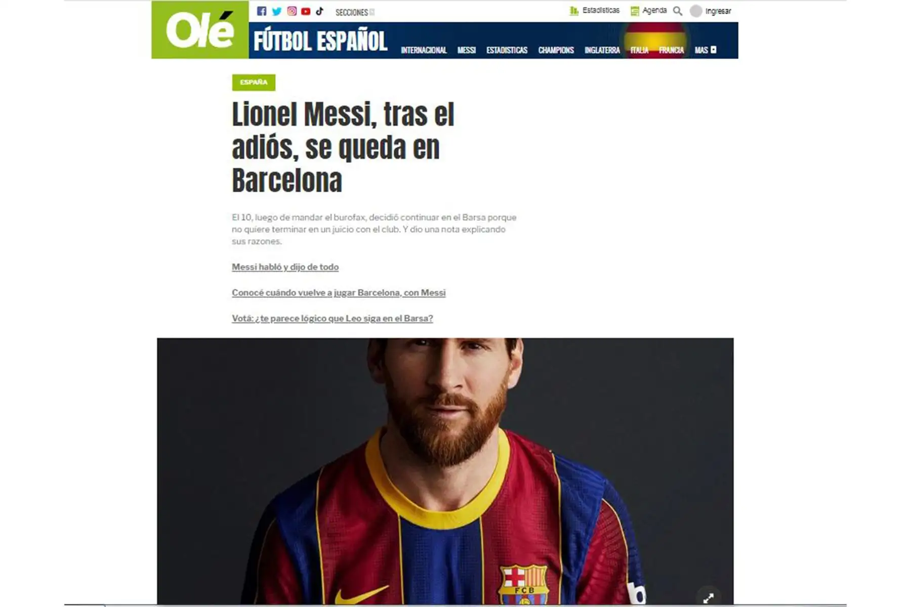 Diario Olé de Argentina. Reacciones de la prensa internacional tras el anuncio de la continuidad de Lionel Messi en el Barcelona de España. Foto: INTERNET/Medios