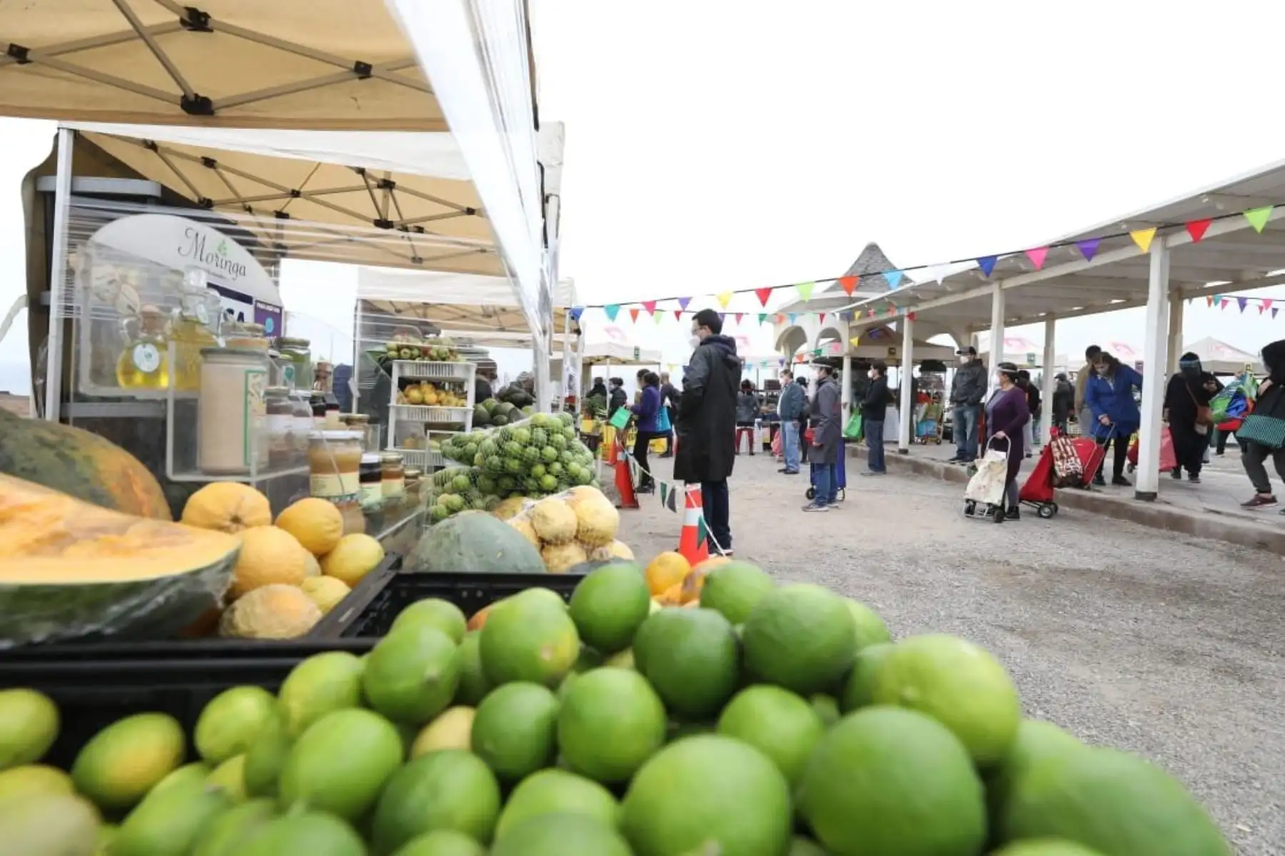 El ministro de la Producción, José Salardi, acompañado del alcalde de Magdalena, Carlo Magno, el gobernador regional de Huancavelica, Maciste Diaz y el congresista Franco Salinas, recorren el mercado temporal instalado en el Puericultorio Pérez Araníbar. Foto: ANDINA/Produce