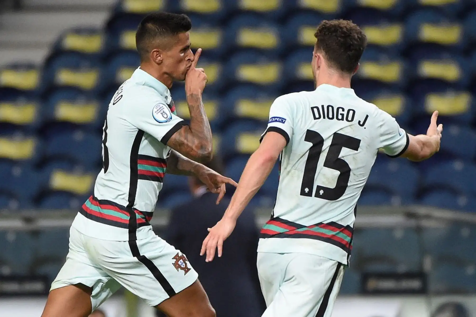El defensor de Portugal Joao Cancelo celebra con el delantero de Portugal Diogo Jota después de marcar un gol durante el partido de fútbol del grupo 3 de la UEFA Nations League A entre Portugal y Croacia en el Estadio Dragao de Oporto el 5 de septiembre de 2020. Foto: AFP