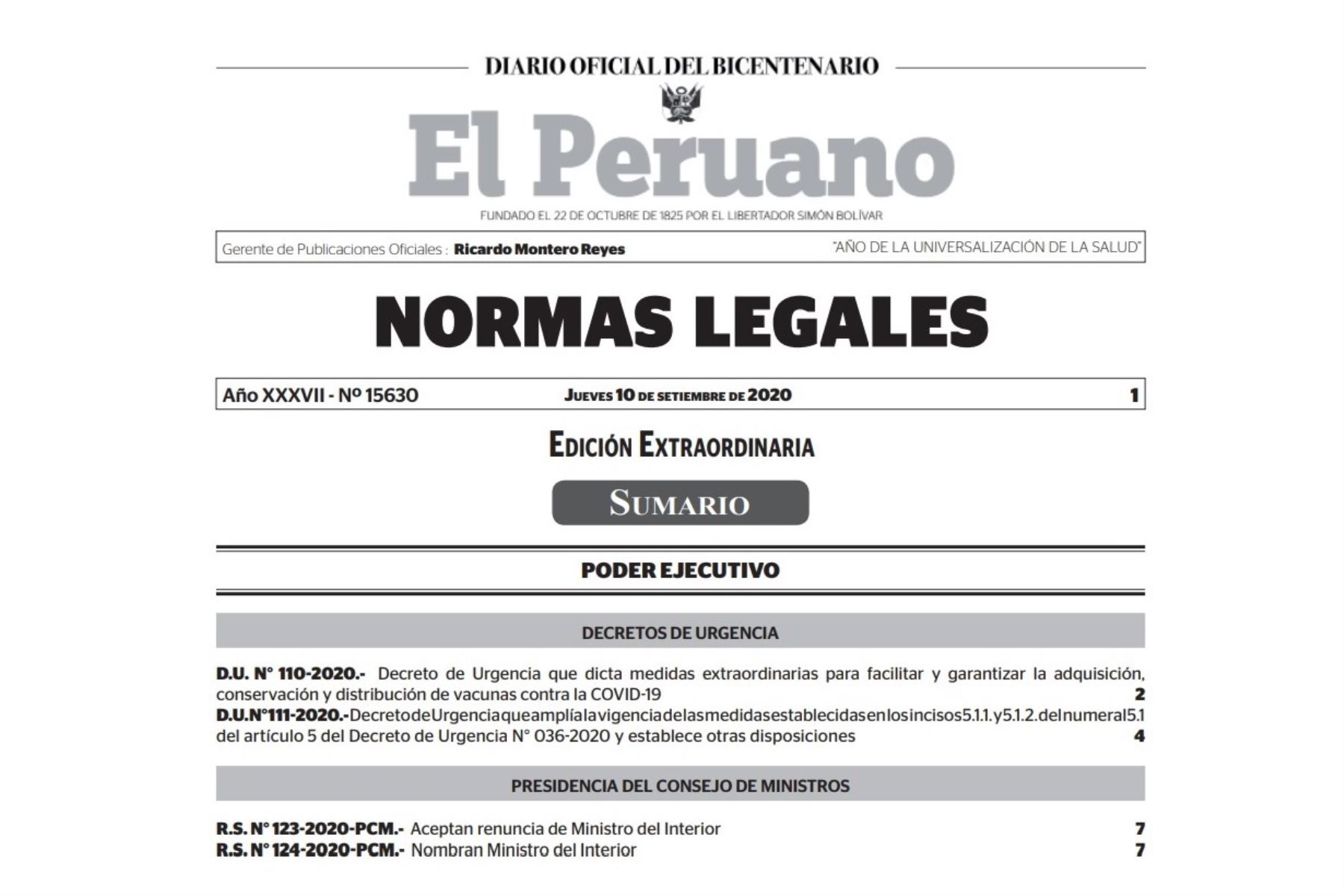 Edición extraordinaria del Diario Oficial El Peruano donde aparece el decreto de urgencia que fija medidas para garantizar el acceso a la vacuna contra el covid-19.