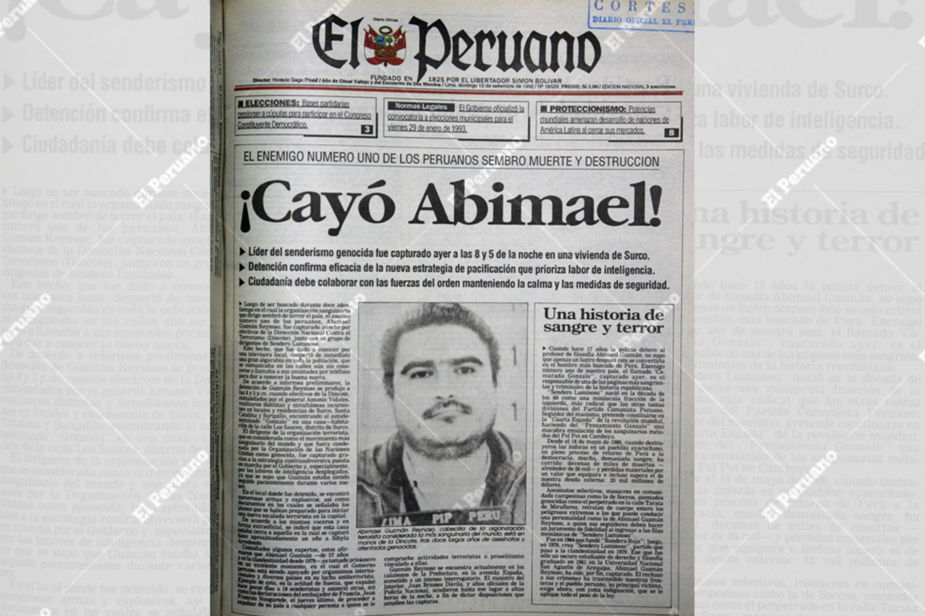 Portada del Diario Oficial El Peruano del 13 de setiembre de 1992 con la noticia de la captura del terrorista Abimael Guzmán.