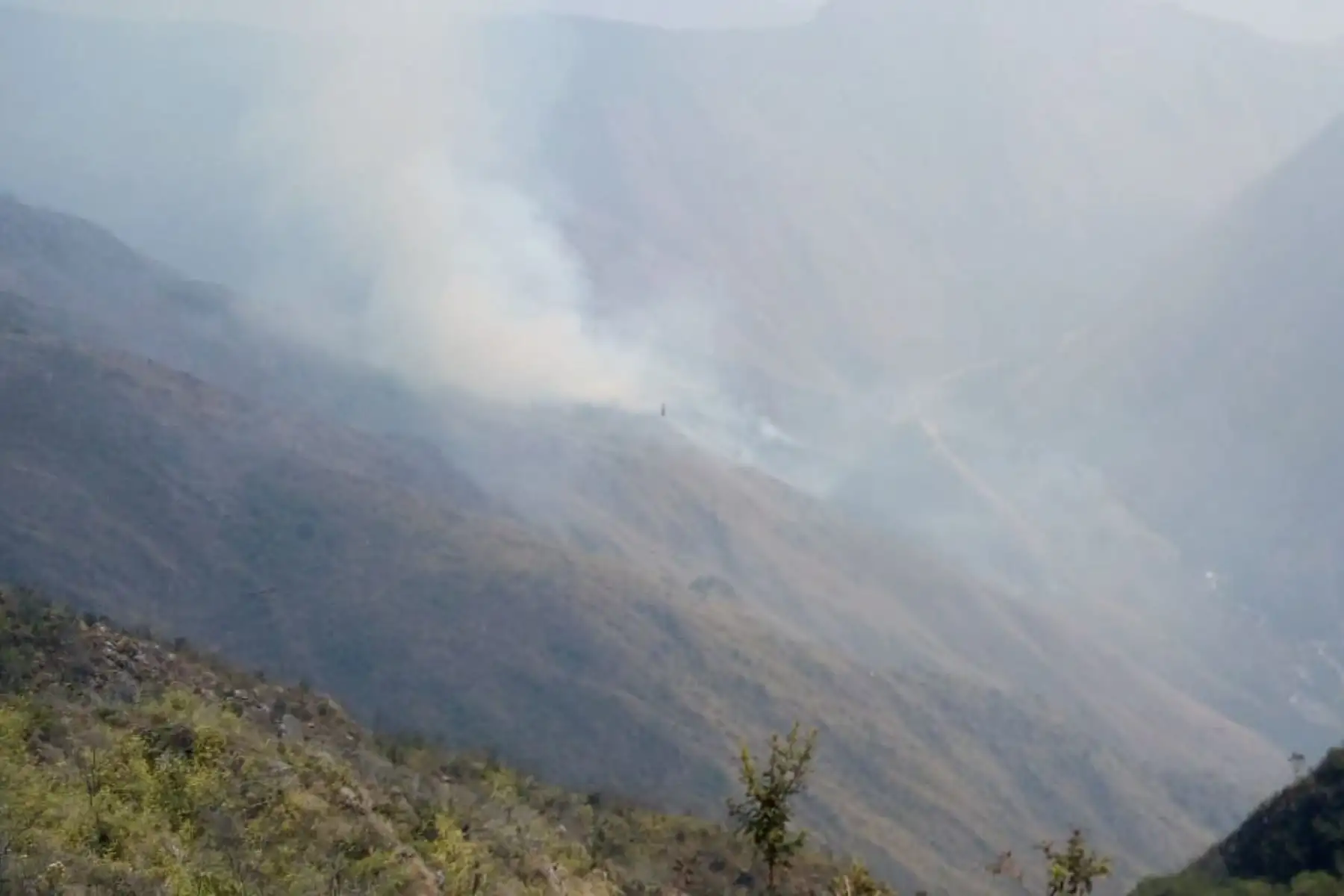 Guardaparques bomberos del Sernanp coordinan acciones para control y mitigación de incendio forestal que se registra en el cerro Calvario, en el Santuario Histórico de Machupicchu. Se viene coordinando acciones con plataforma para la atención del incendio. Foto: Sernanp