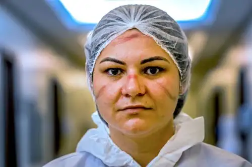 La enfermera brasileña Mayara Colin, de 31 años, posa para una fotografía que muestra los hematomas en la cara por el uso de equipo de protección durante un descanso entre turnos en la Unidad de Cuidados Intensivos del Hospital Santa Casa de Misericordia en Porto Alegre, Brasil. Foto: AFP