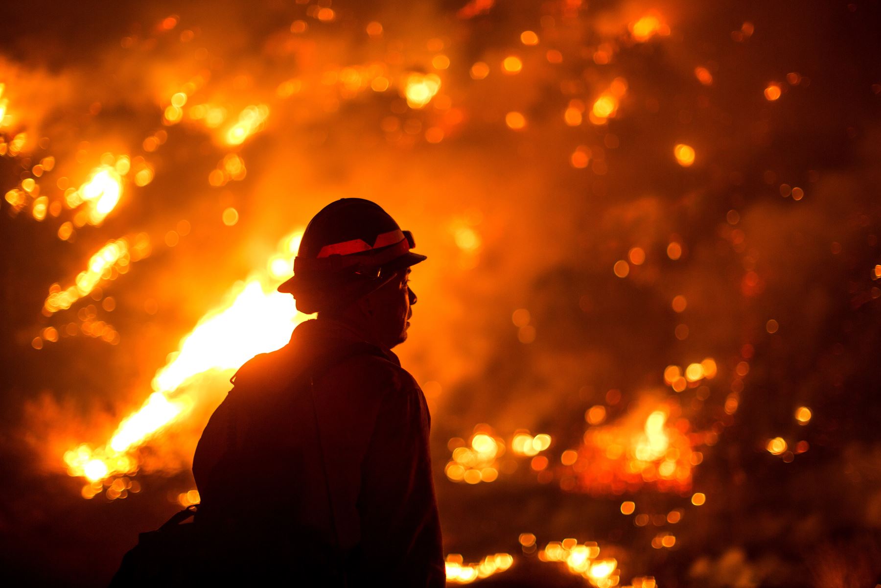 Un bombero observa el incendio en las laderas cerca de Monrovia Canyon Park en Monrovia, California. Foto: AFP