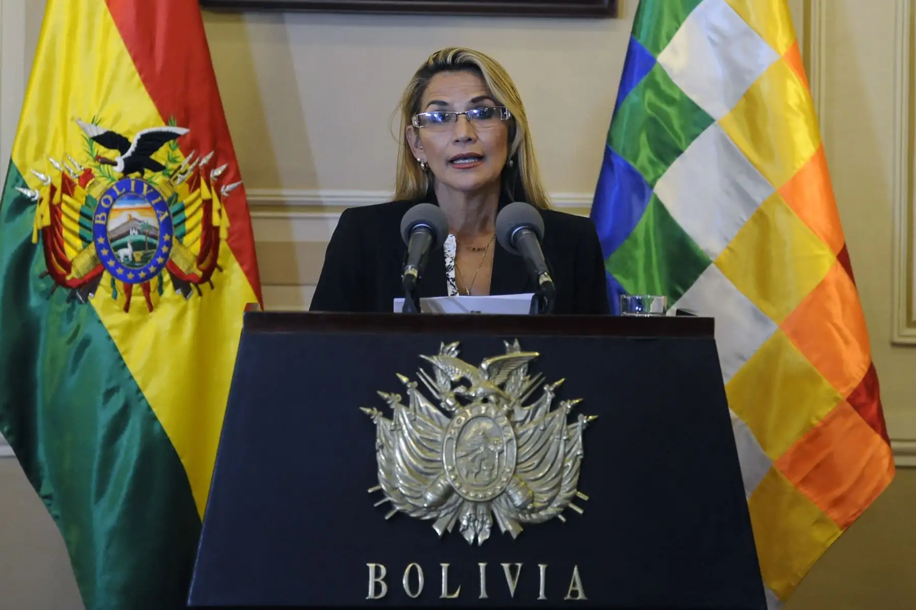 "Hoy dejo de lado mi candidatura a la presidencia de Bolivia, para cuidar la democracia", afirmó la mandataria derechista en un mensaje televisado. Foto: AFP