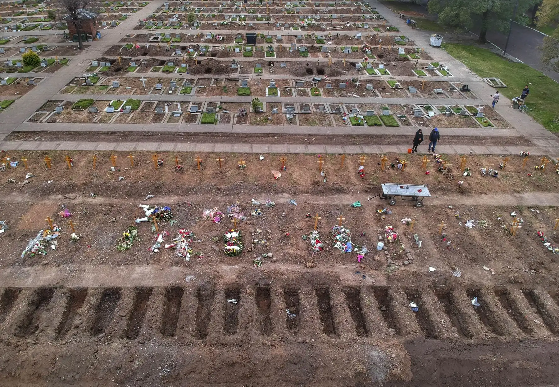 Una vista aérea del cementerio de Flores en Buenos Aires en medio de la nueva pandemia de coronavirus. Foto: AFP