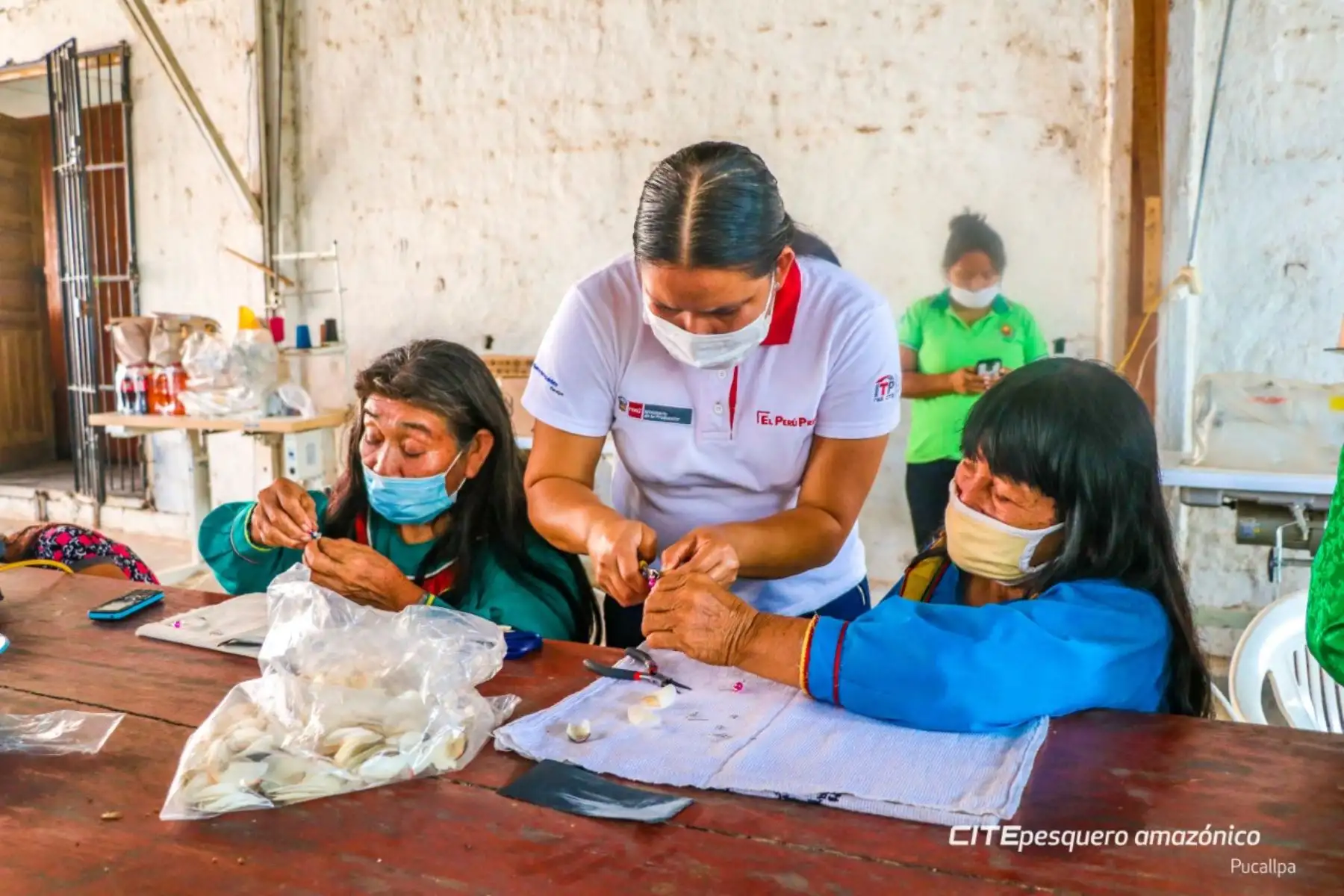 Mujeres artesanas de la comunidad shipibo-conibo de Ucayali aprendieron el arte de la bisutería con escamas de paiche. ANDINA/Difusión