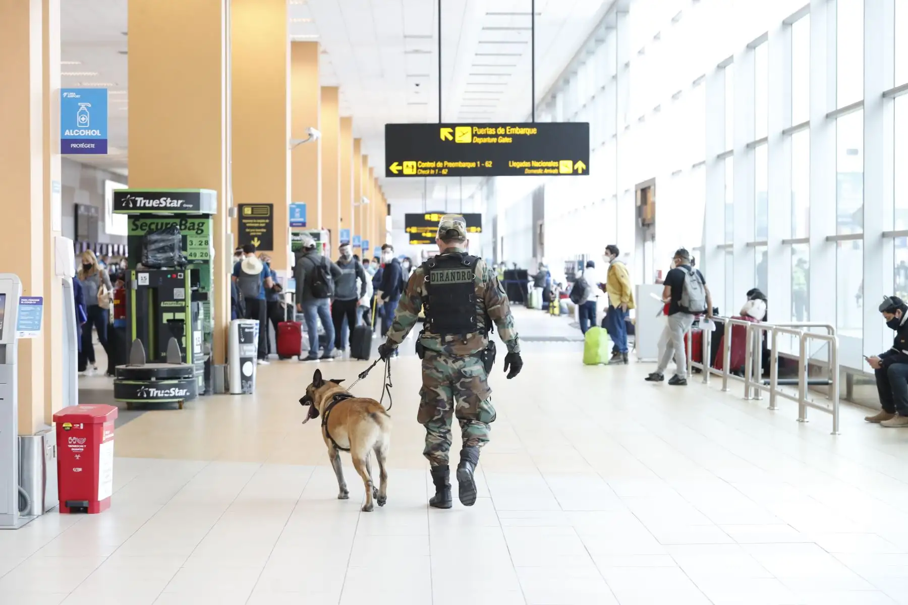 Miembro de la DIRANDRO PNP junto a un can entrenado inspecciona el movimiento en aeropuerto Jorge Chávez. Foto: ANDINA/Renato Pajuelo