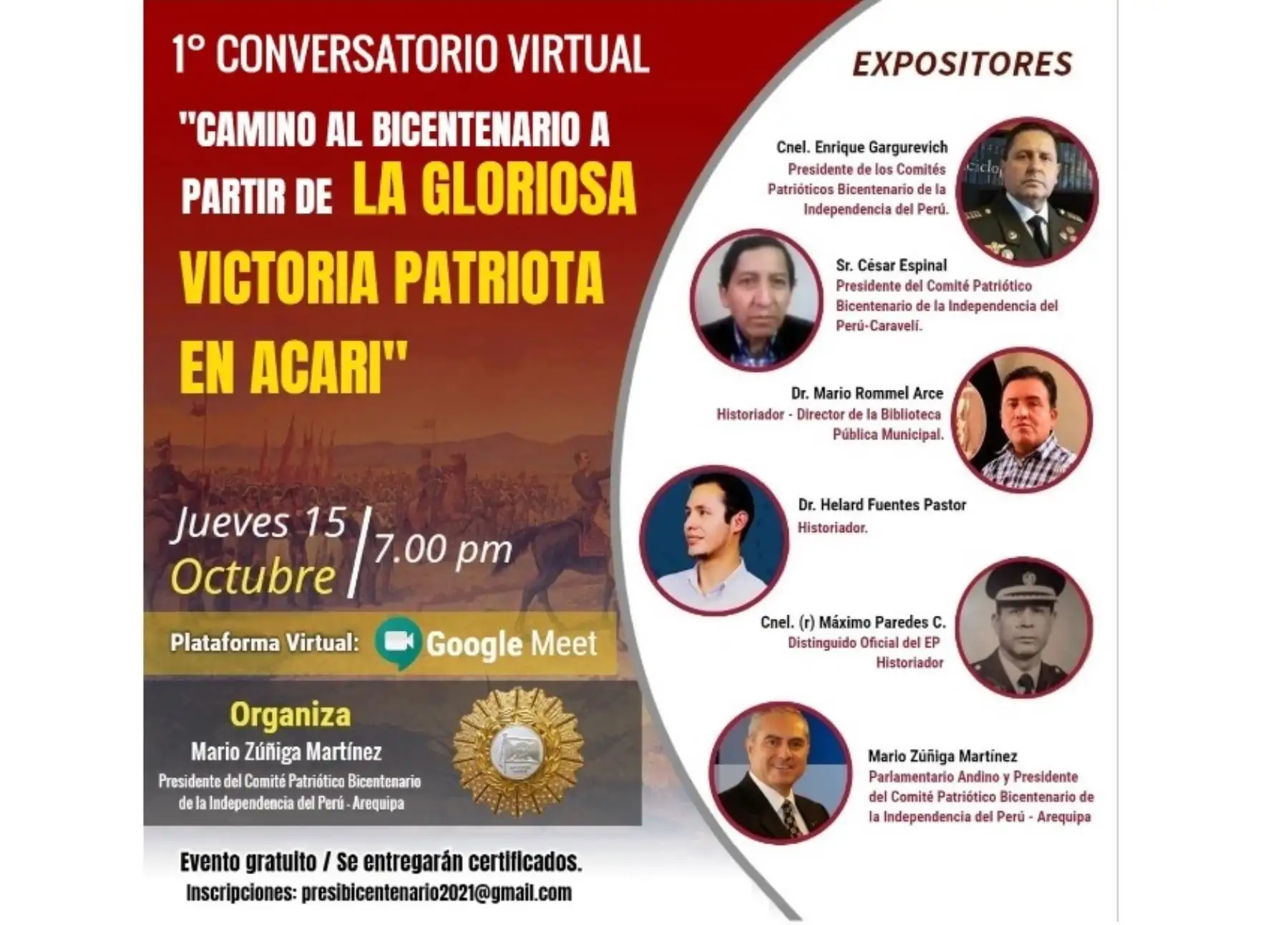 Organizan conversatorio virtual en Arequipa por el Bicentenario de la Independencia del Perú y la victoria de la batalla de Acarí.