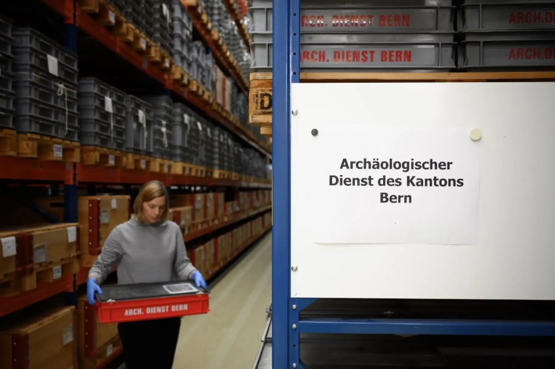 Una imagen tomada en Berna muestra a la curadora Johanna Kluegl sosteniendo una caja en el almacén del Servicio Arqueológico del cantón suizo de Berna. Foto: AFP