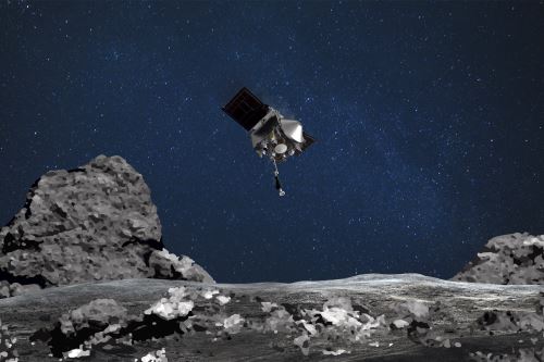 Representación artística de la nave OSIRIS-REx descendiendo hacia el asteroide Bennu. NASA/Universidad Estatal de Arizona/AFP
