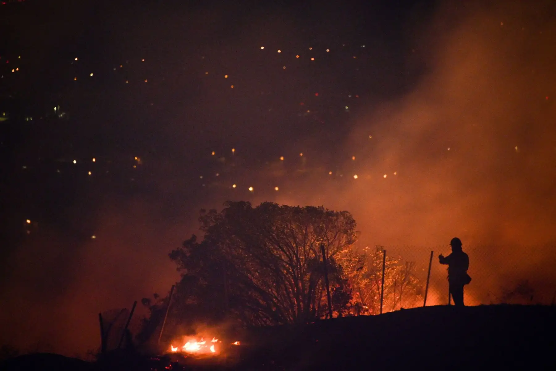 Los bomberos se ubican en un área residencial y monitorean las llamas que trepan por una cresta hacia las casas en Yorba Linda, California.Más de 60,000 personas fueron evacuadas cerca a Los Ángeles cuando las llamas se propagaron más de 3,000 hectáreas bloqueando carreteras y dejando bomberos gravemente heridos. Foto: AFP