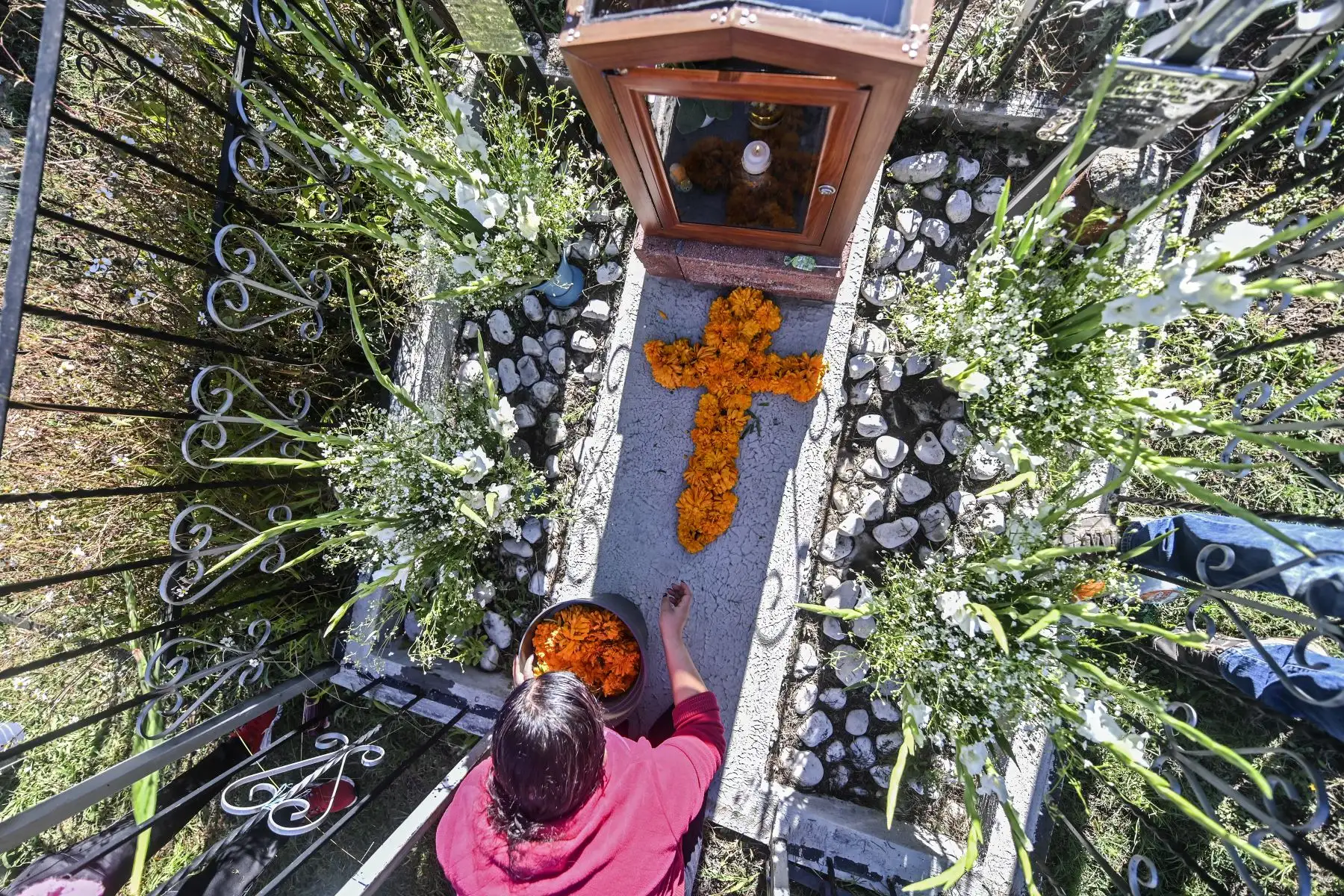 Una mujer decora la tumba de un familiar con caléndulas mexicanas formando una cruz en el Panteón La Magdalena, en San Pedro Cholula, estado de Puebla, México, el 1 de noviembre de 2020, en el Día de Todos los Santos, en medio de la pandemia del coronavirus. Foto: AFP