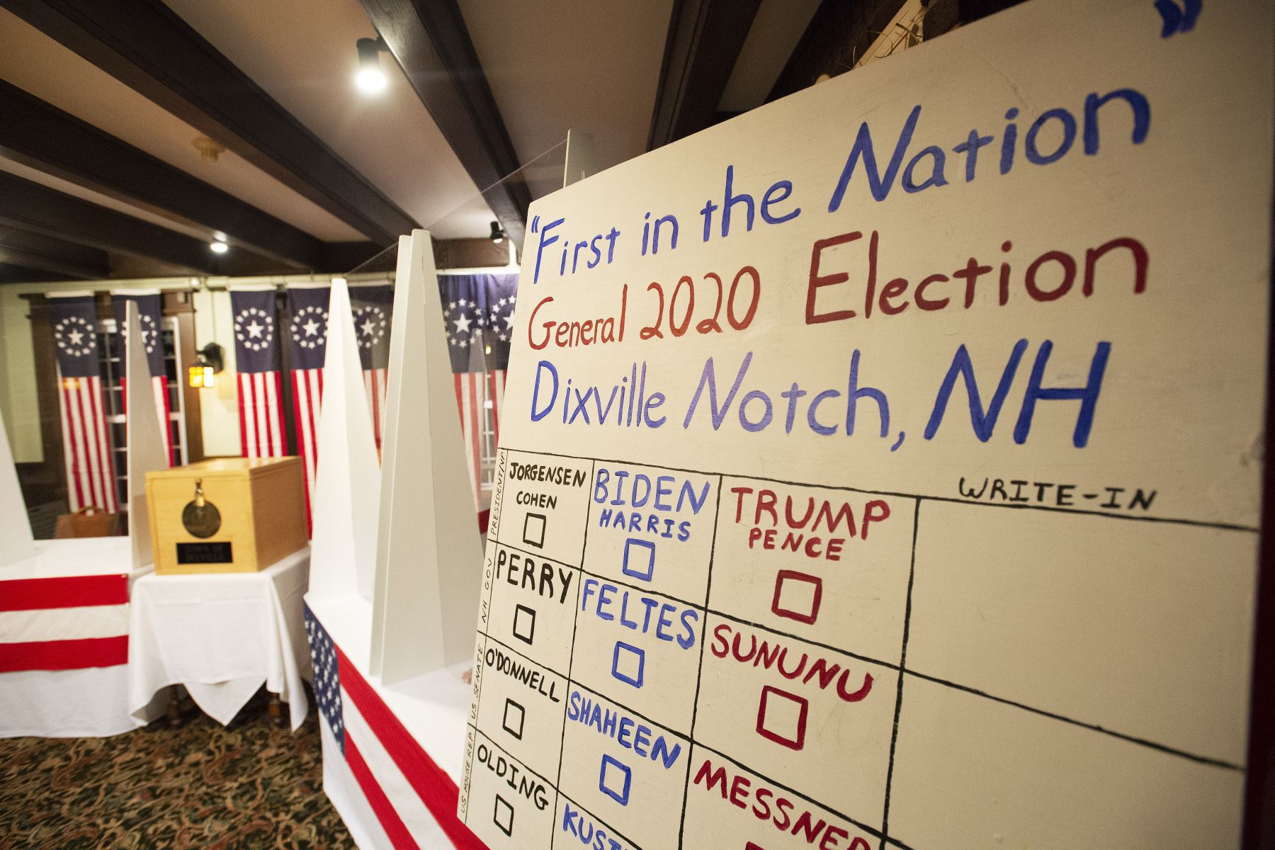 Votación de medianoche como parte de las primeras boletas emitidas en la Elección Presidencial de los Estados Unidos en Dixville Notch, New Hampshire. Foto: AFP