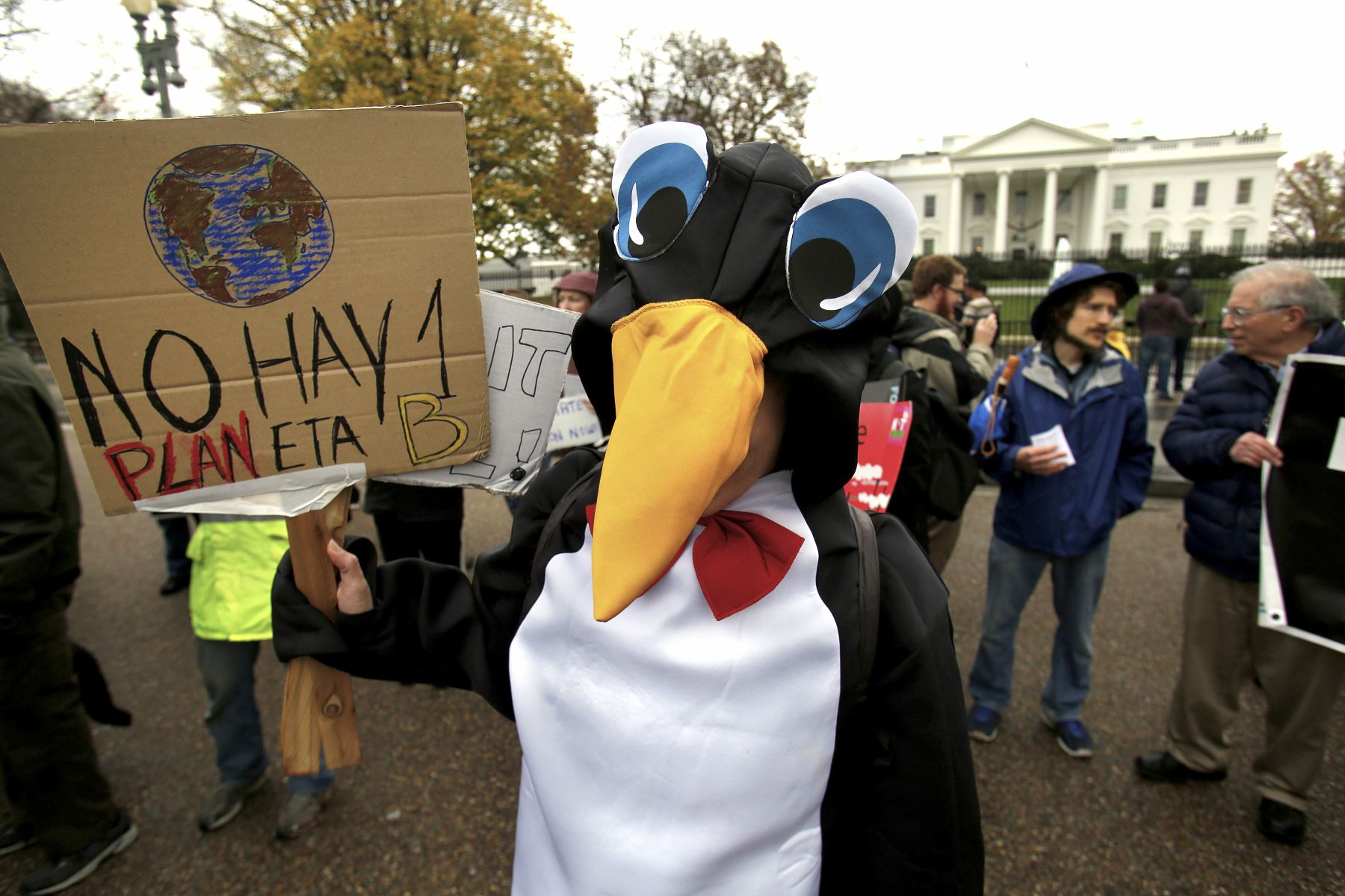 Fotografía de archivo tomada el 29 de noviembre del 2015 en el que un manifestante sobre el Cambio Climático, vestido de pingüino, muestra un cartel frente a la Casa Blanca en Washington, DC, en el que se lee "No hay un PLANeta B". Foto: AFP