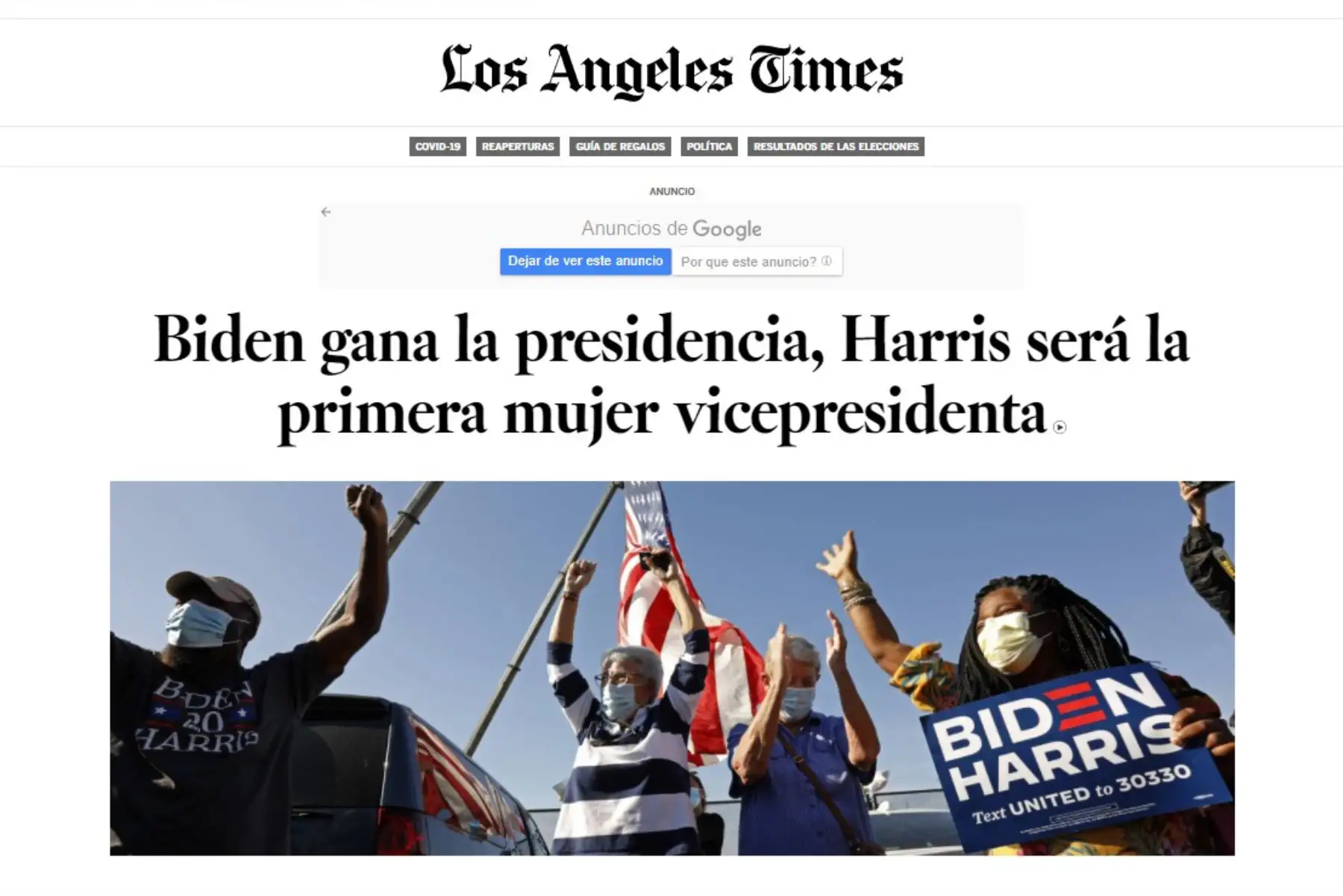 Pordada Los Angeles Times .El mundo reacciona a la victoria de Joe Biden y Kamala Harris en las elecciones de EE.UU.
Foto: Internet