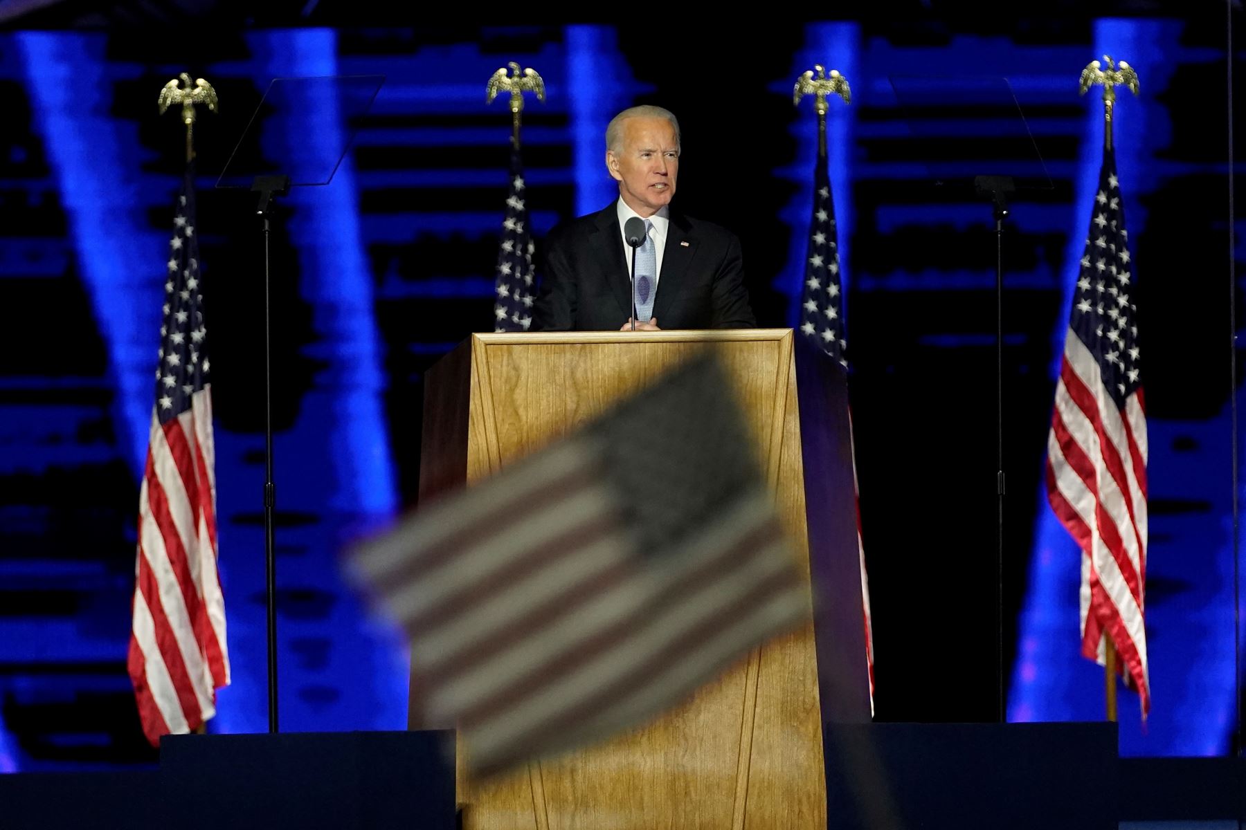 El presidente electo de los Estados Unidos, Joe Biden pronuncia un discurso en Wilmington, Delaware, luego de ser declarado ganador de las elecciones presidenciales.
Foto: AFP
