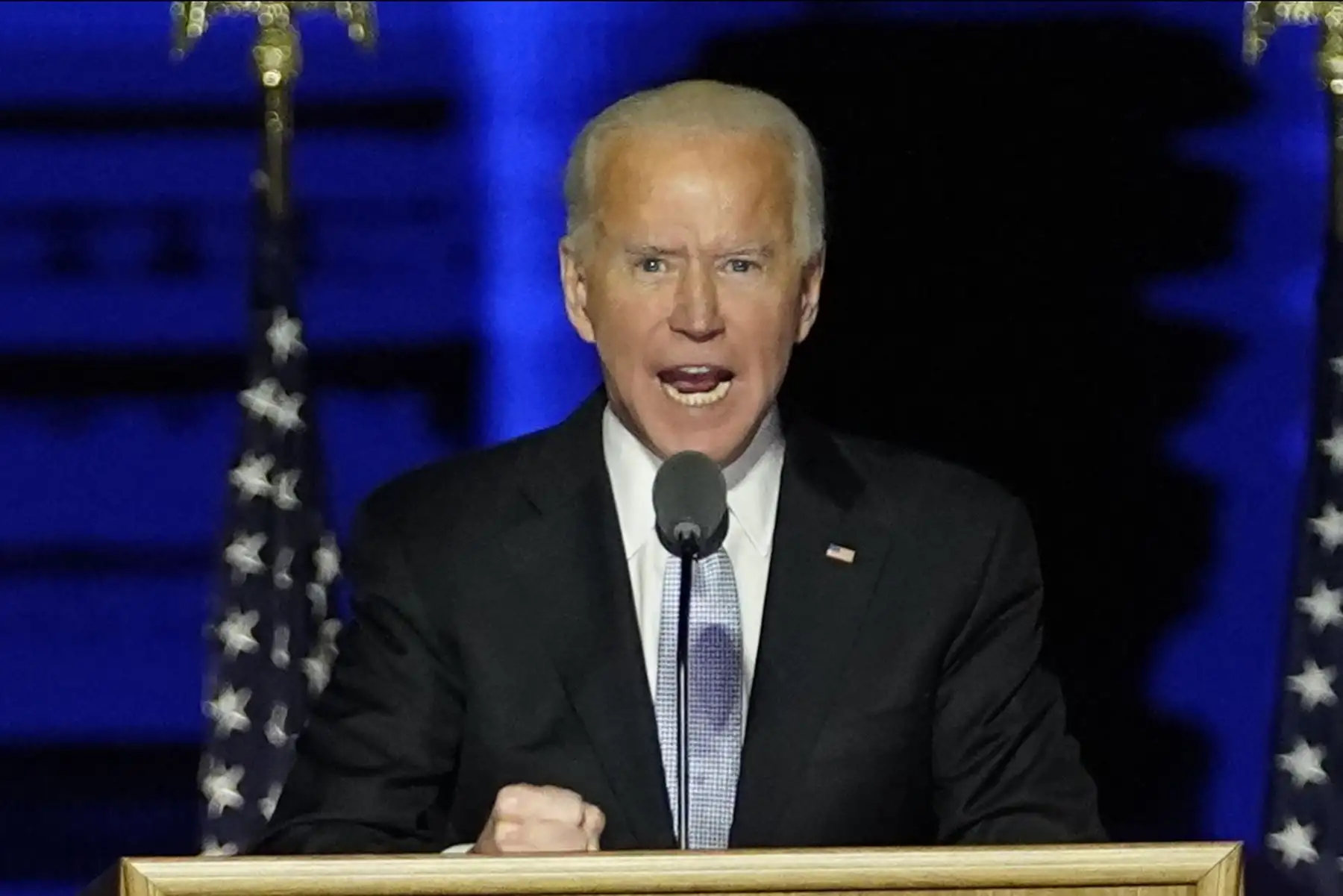 El presidente electo de los Estados Unidos, Joe Biden pronuncia un discurso en Wilmington, Delaware, luego de ser declarado ganador de las elecciones presidenciales.
Foto: AFP