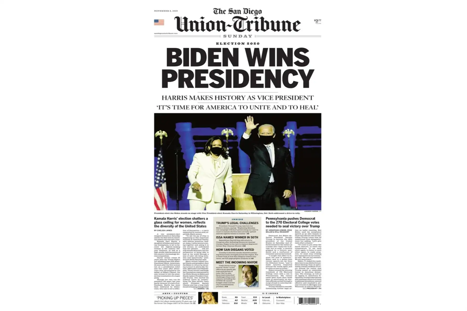 La victoria de Joe Biden en las elecciones de Estados Unidos, es portada en los principales diarios del mundo. Union Tribune