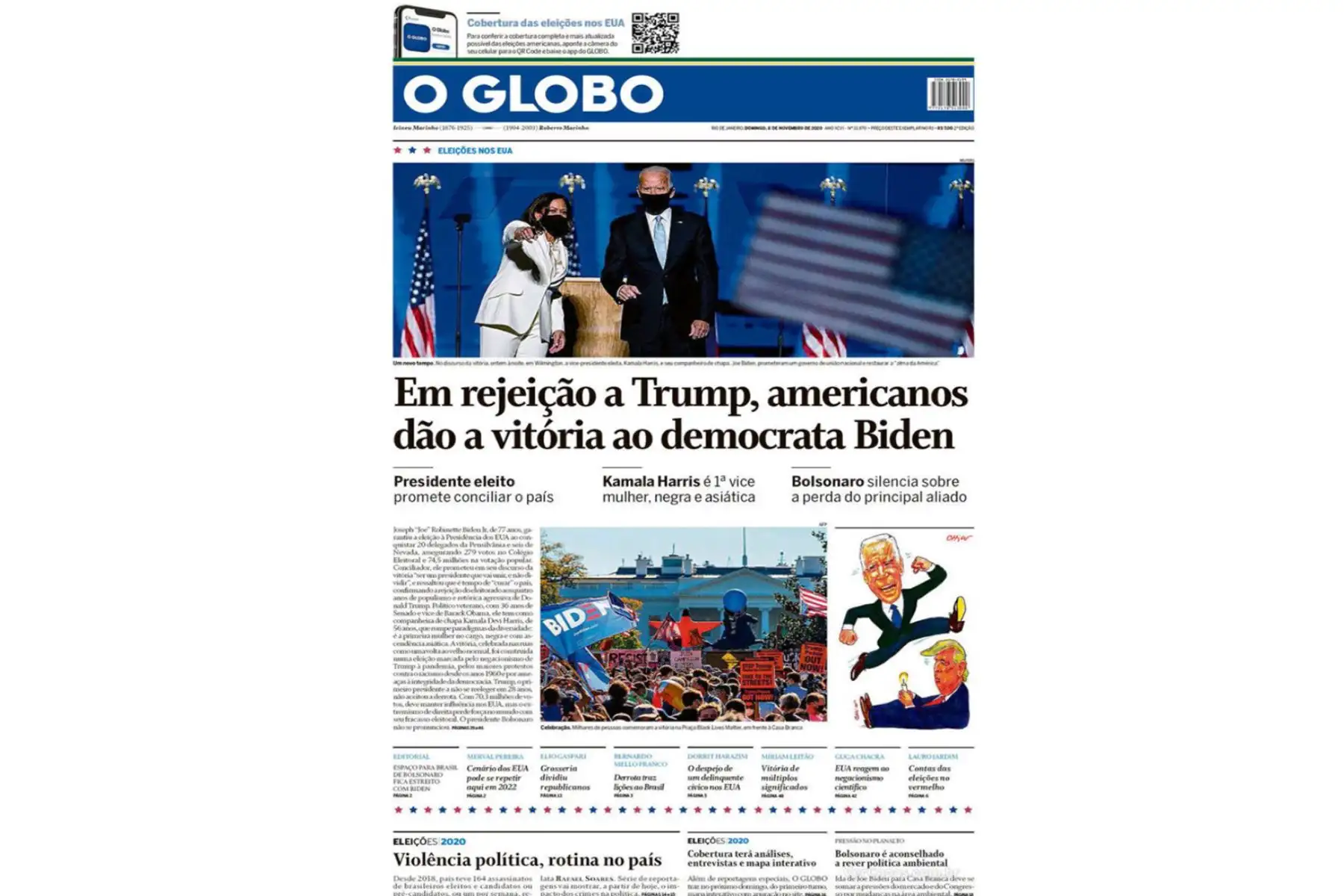 La victoria de Joe Biden en las elecciones de Estados Unidos, es portada en los principales diarios del mundo. O Globo