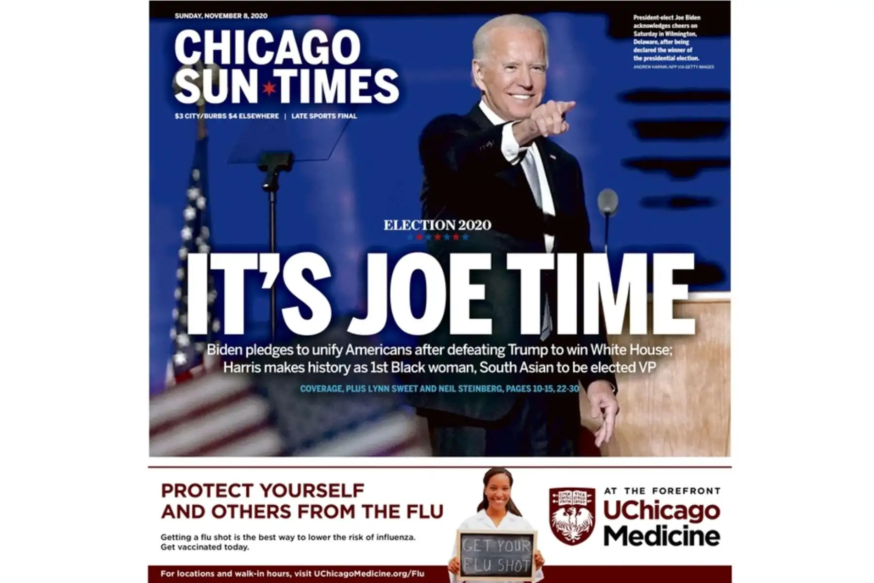 La victoria de Joe Biden en las elecciones de Estados Unidos, es portada en los principales diarios del mundo. Chica Sun Times