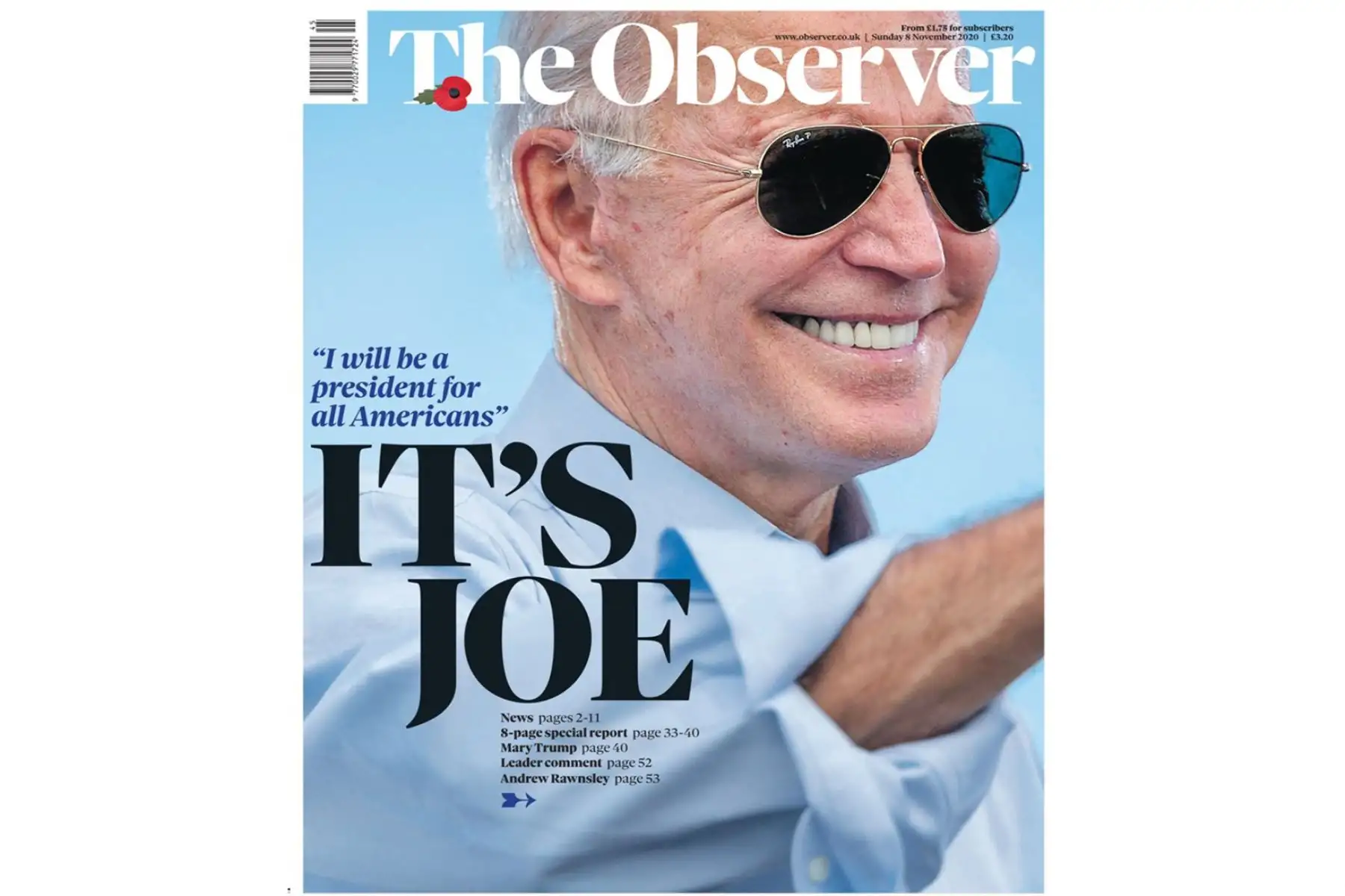 La victoria de Joe Biden en las elecciones de Estados Unidos, es portada en los principales diarios del mundo. The Observer