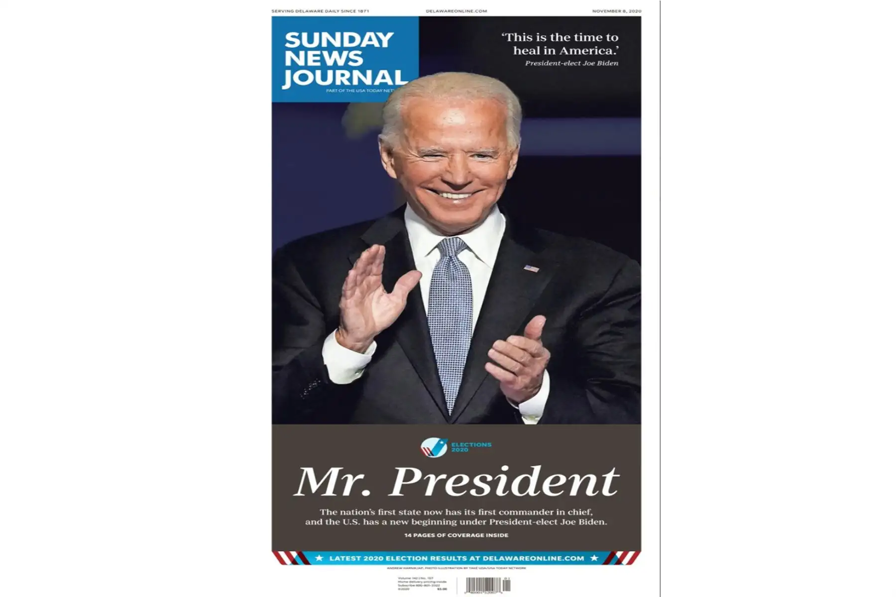 La victoria de Joe Biden en las elecciones de Estados Unidos, es portada en los principales diarios del mundo. Sunday News Journal