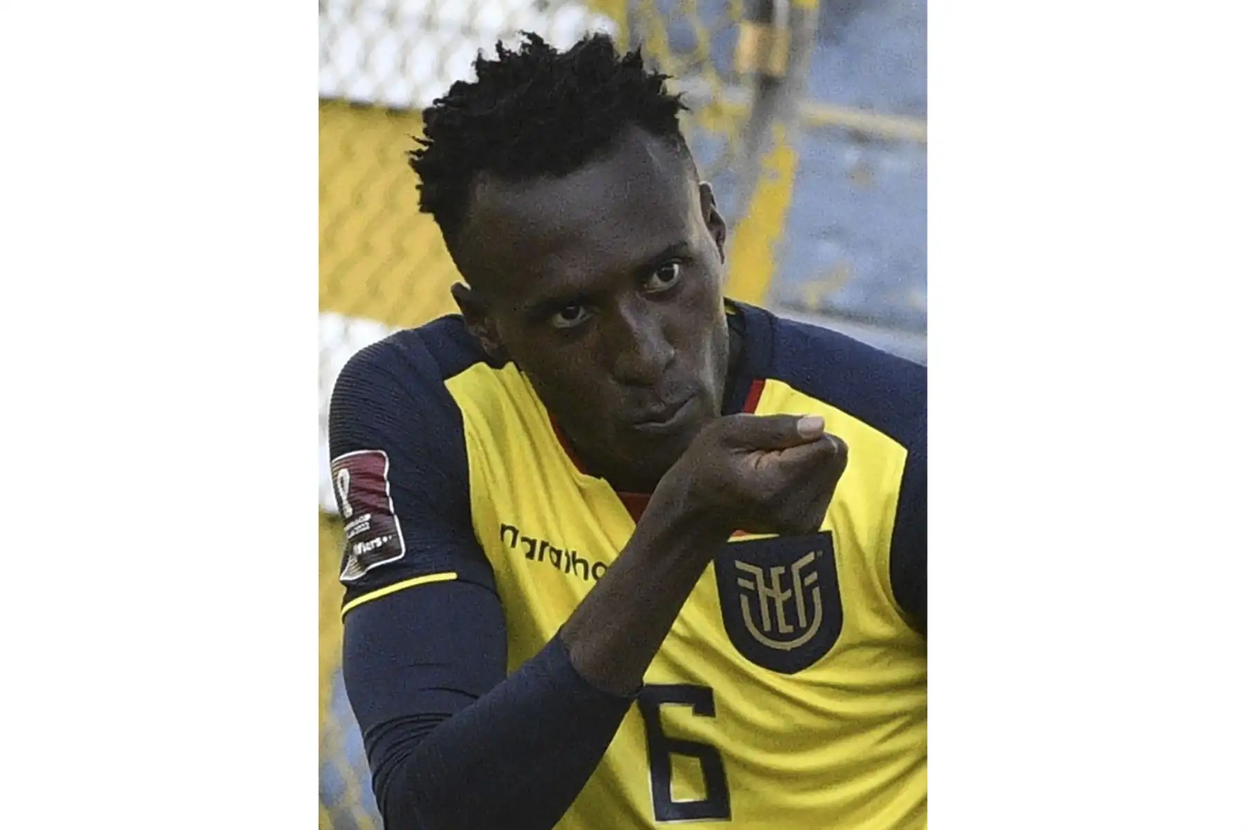 El ecuatoriano Beder Caicedo celebra tras anotar contra Bolivia durante su partido de fútbol a puertas cerradas clasificatorio sudamericano para la Copa Mundial de la FIFA 2022 en el Estadio Hernando Siles en La Paz. Foto: AFP