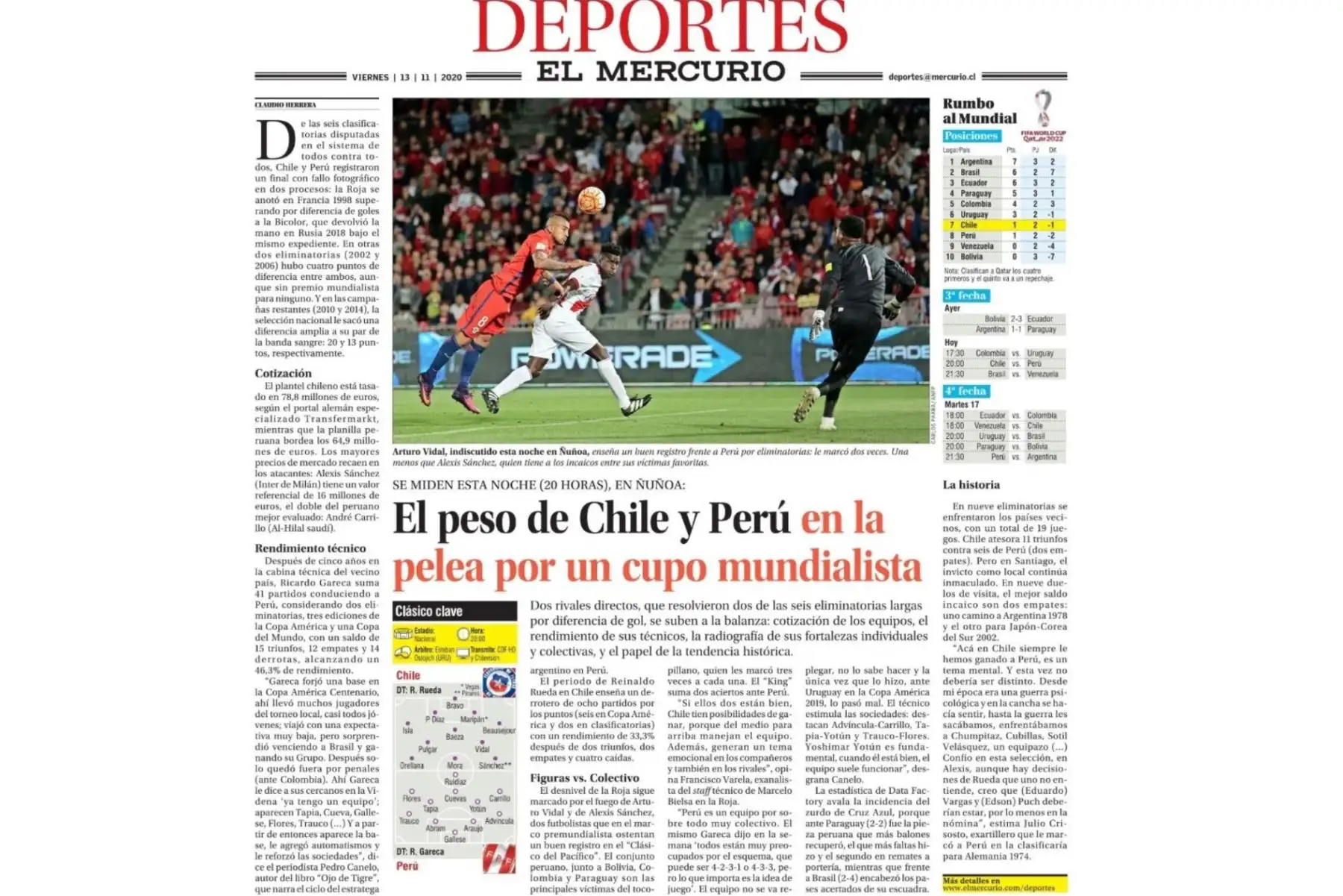 Diario El Mercurio. Prensa chilena informa previo al partido entre Perú vs Chile en la fecha 03 de las Clasificatorias al Mundial Qatar 2022 a jugarse en Santiago de Chile.
Foto: Internet