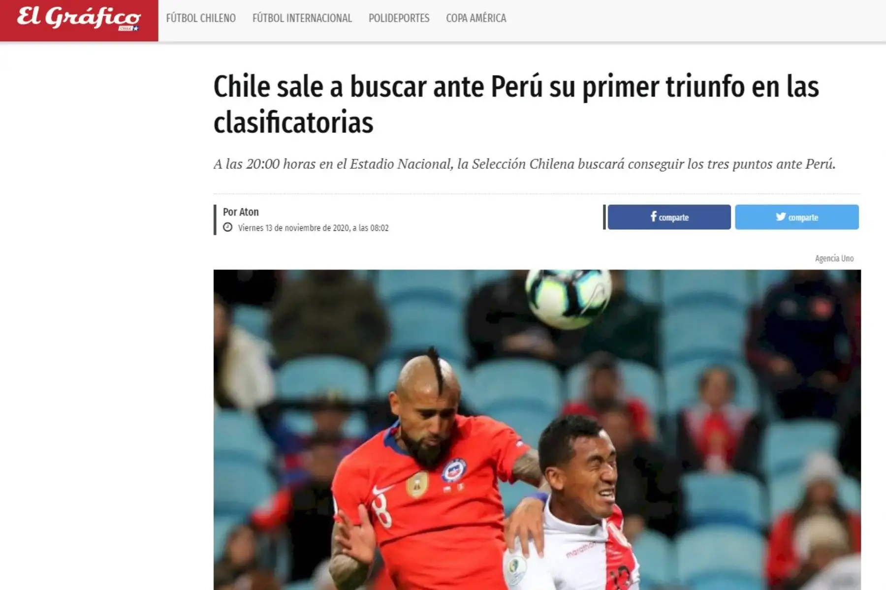Diario El Gráfico. Prensa chilena informa previo al partido entre Perú vs Chile en la fecha 03 de las Clasificatorias al Mundial Qatar 2022 a jugarse en Santiago de Chile.
Foto: Internet