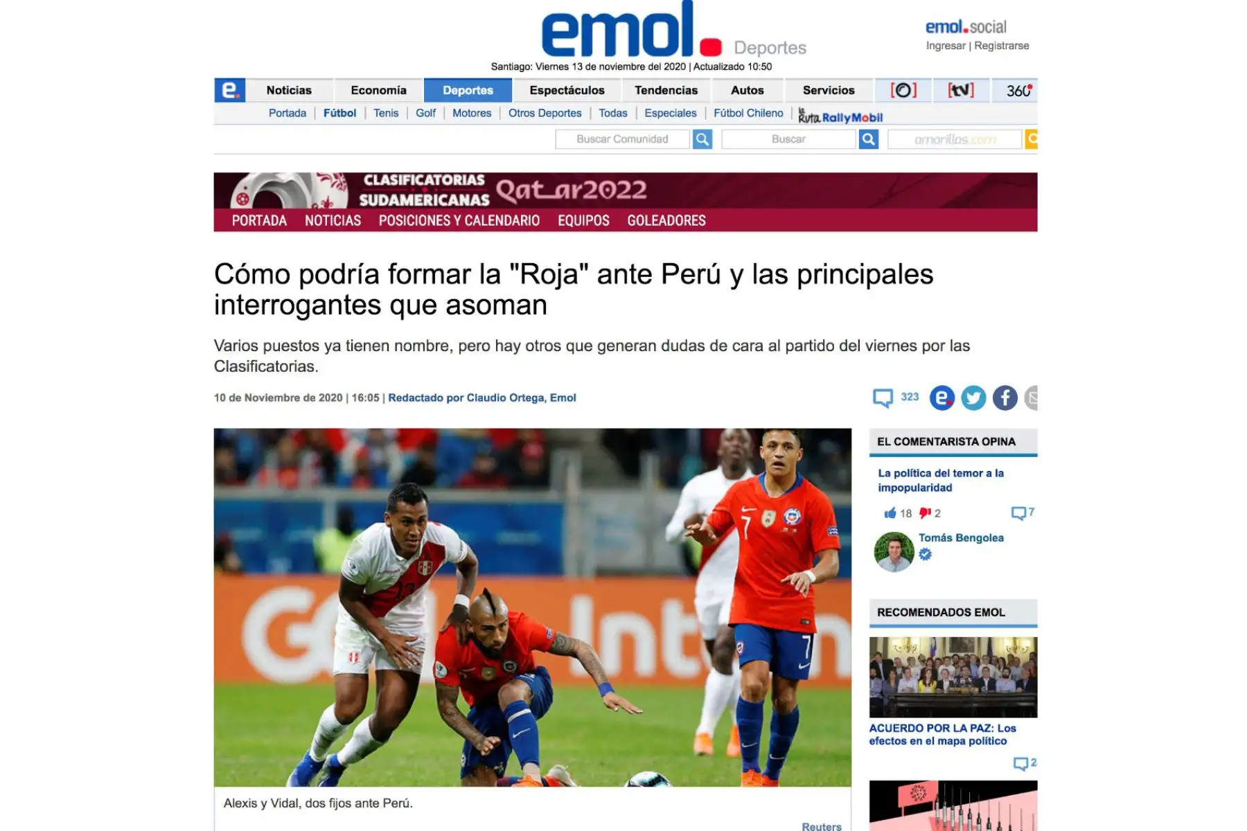 Diario Emol. Prensa chilena informa previo al partido entre Perú vs Chile en la fecha 03 de las Clasificatorias al Mundial Qatar 2022 a jugarse en Santiago de Chile.
Foto: Internet