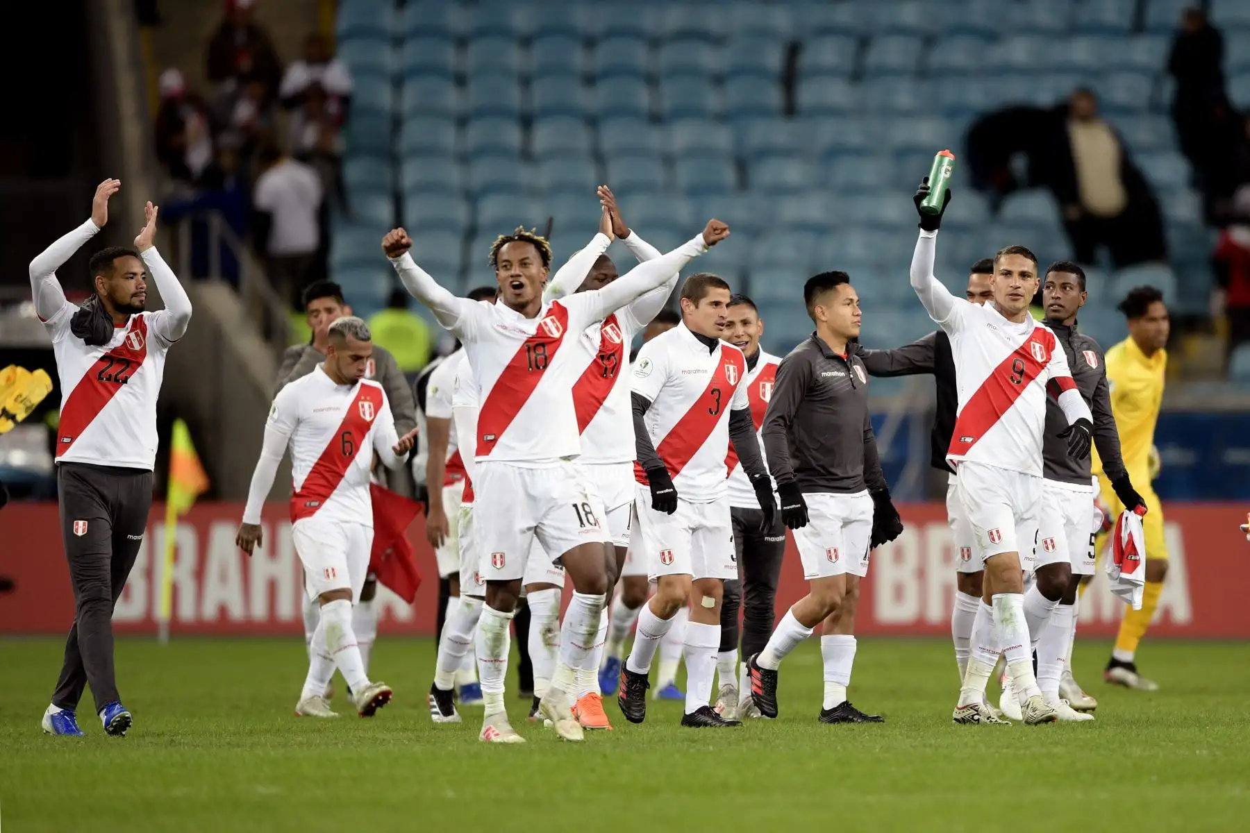 Los jugadores de Perú celebran con la multitud después de derrotar a Chile 3-0 en su partido de semifinales de la Copa América de fútbol en el Gremio Arena en Porto Alegre, Brasil, el 3 de julio de 2019.
Foto: AFP