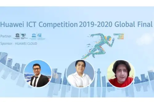Marco Campos Del Águila, Daniel Ponce Almerí y Sebastián Tuesta Gonzáles, bajo la tutoría del docente Jorge Guerra, compitieron contra 92 equipos seleccionados para la final global en la competencia práctica-cloud track. Foto: ANDINA/Difusión