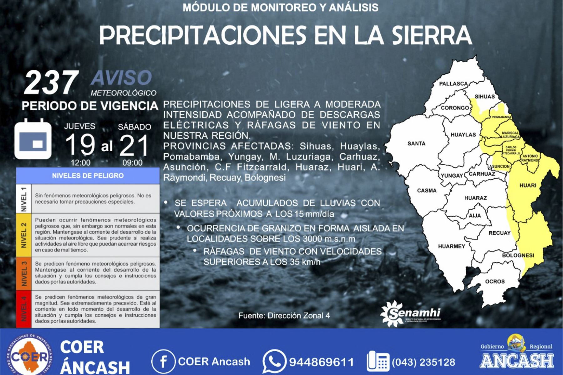 El COER Áncash recomendó a las autoridades estar atentas y reportar emergencias que generen las lluvias intensas. Foto: ANDINA/Difusión
