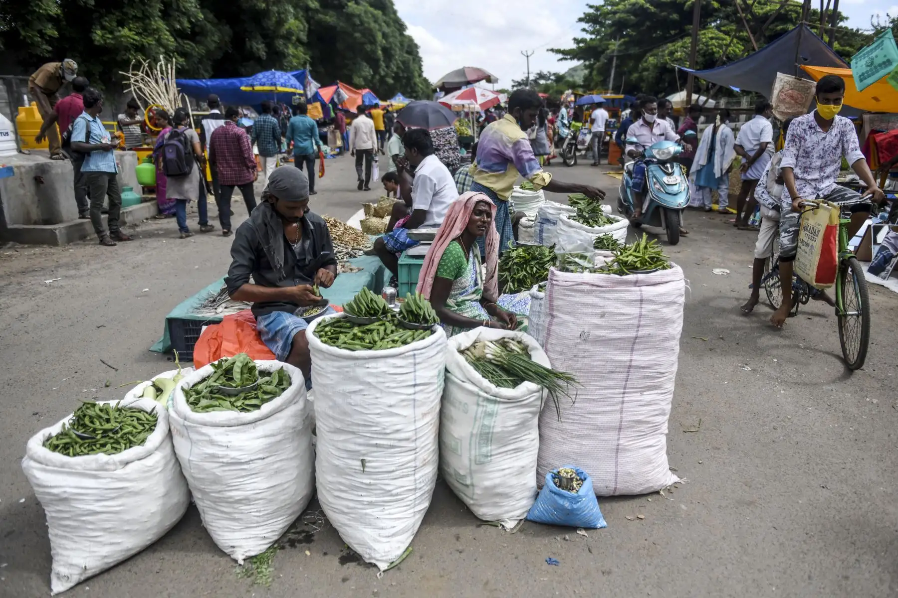Los proveedores esperan a los clientes en un mercado abarrotado en Chennai, ya que el número de casos de coronavirus en India superó los nueve millones.
Foto: AFP