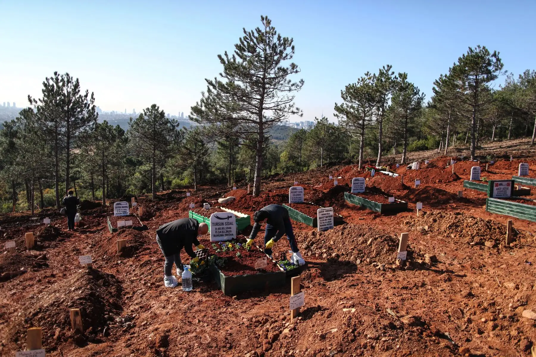 Familiares de una víctima del Covid-19 plantando flores en su tumba en el cementerio Baklaci en Estambul, Turquía. Foto: EFE