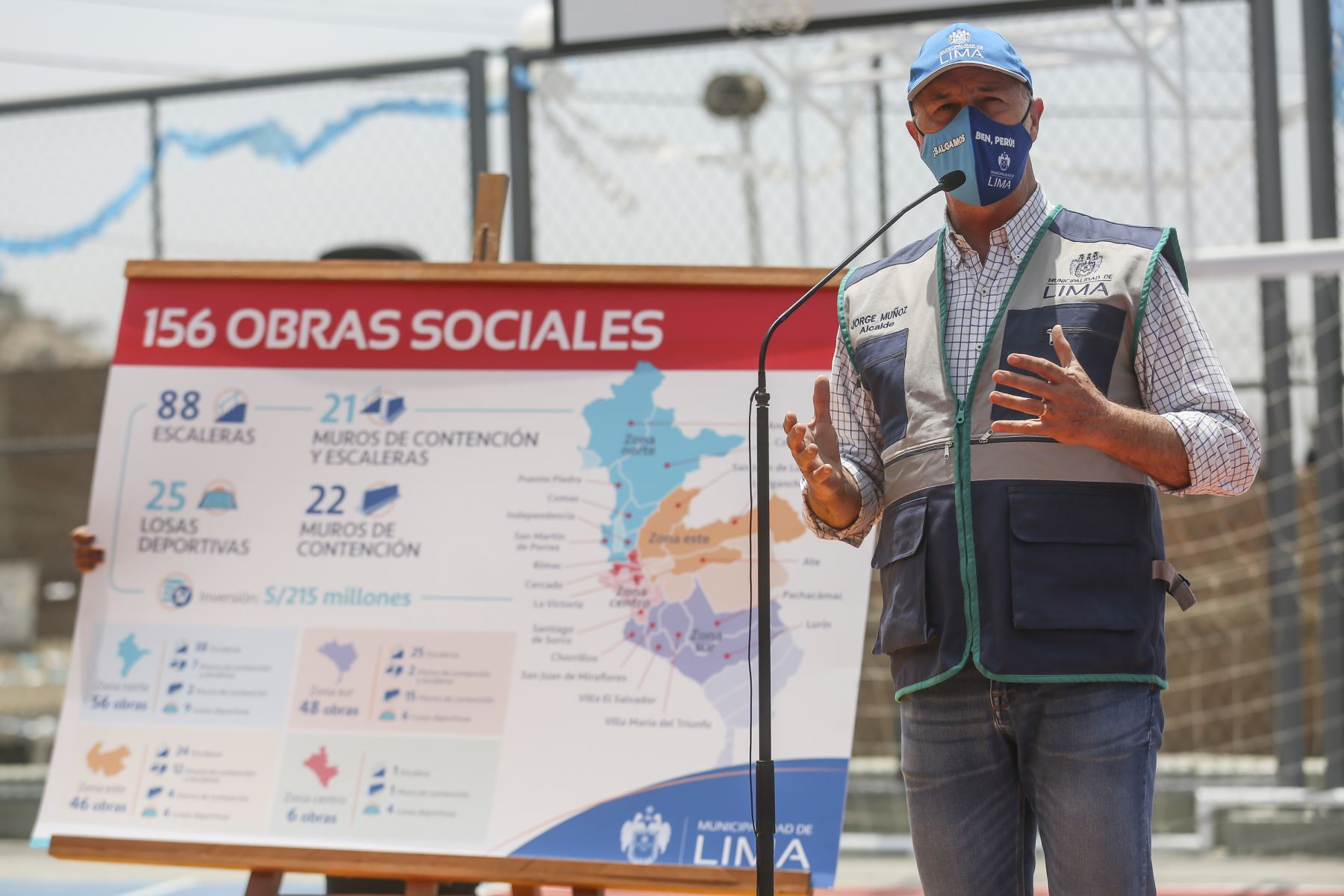 El alcalde de Lima, Jorge Muñoz, presentó el plan de las 156 obras sociales que la comuna limeña viene ejecutando en 19 distritos, las cuales se caracterizan por la intervención de lugares que requerían el mejoramiento y construcción de vías de acceso peatonal y espacios recreativos en zonas alejadas de la capital. Foto: MML
