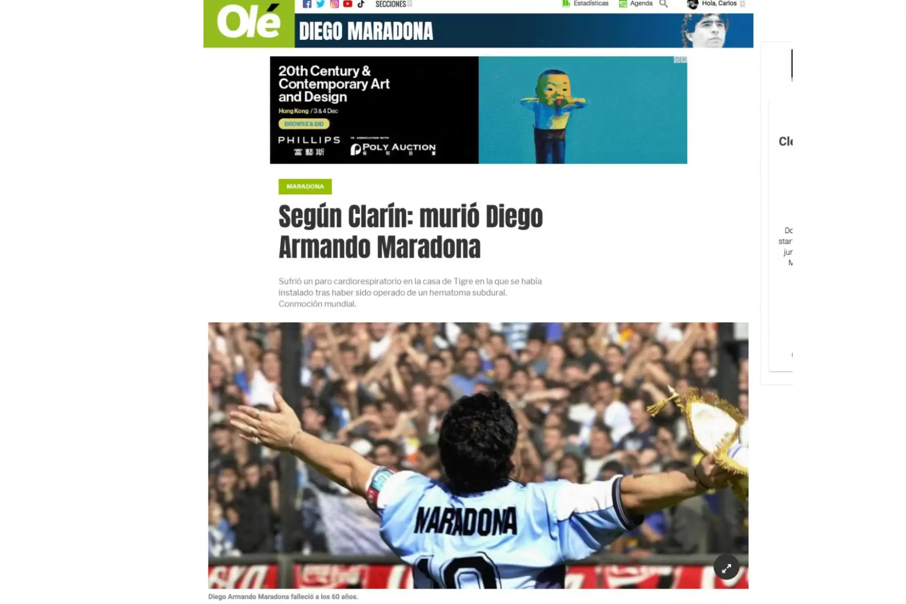 Así informa la prensa mundial la muerte de Diego Armando Maradona. Diario Olé