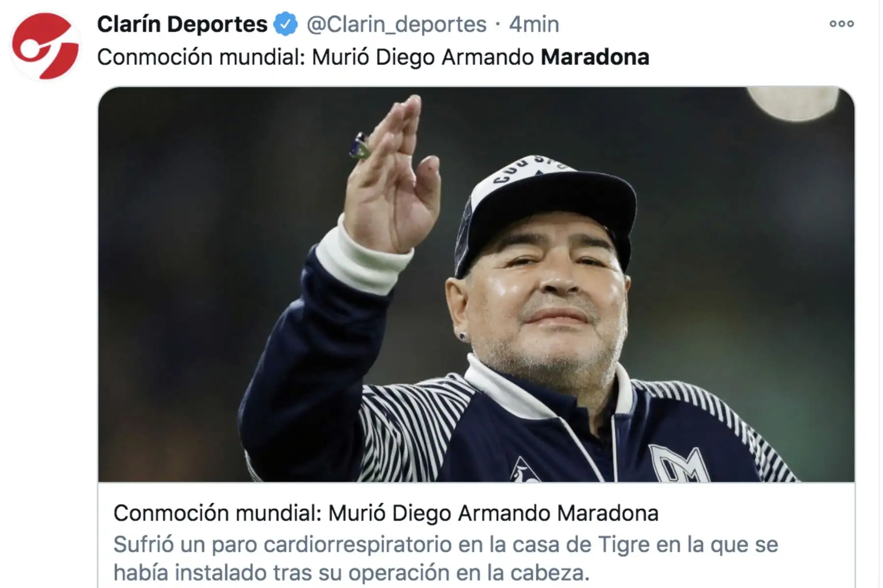 Así informa la prensa mundial la muerte de Diego Armando Maradona. Diario El Clarín