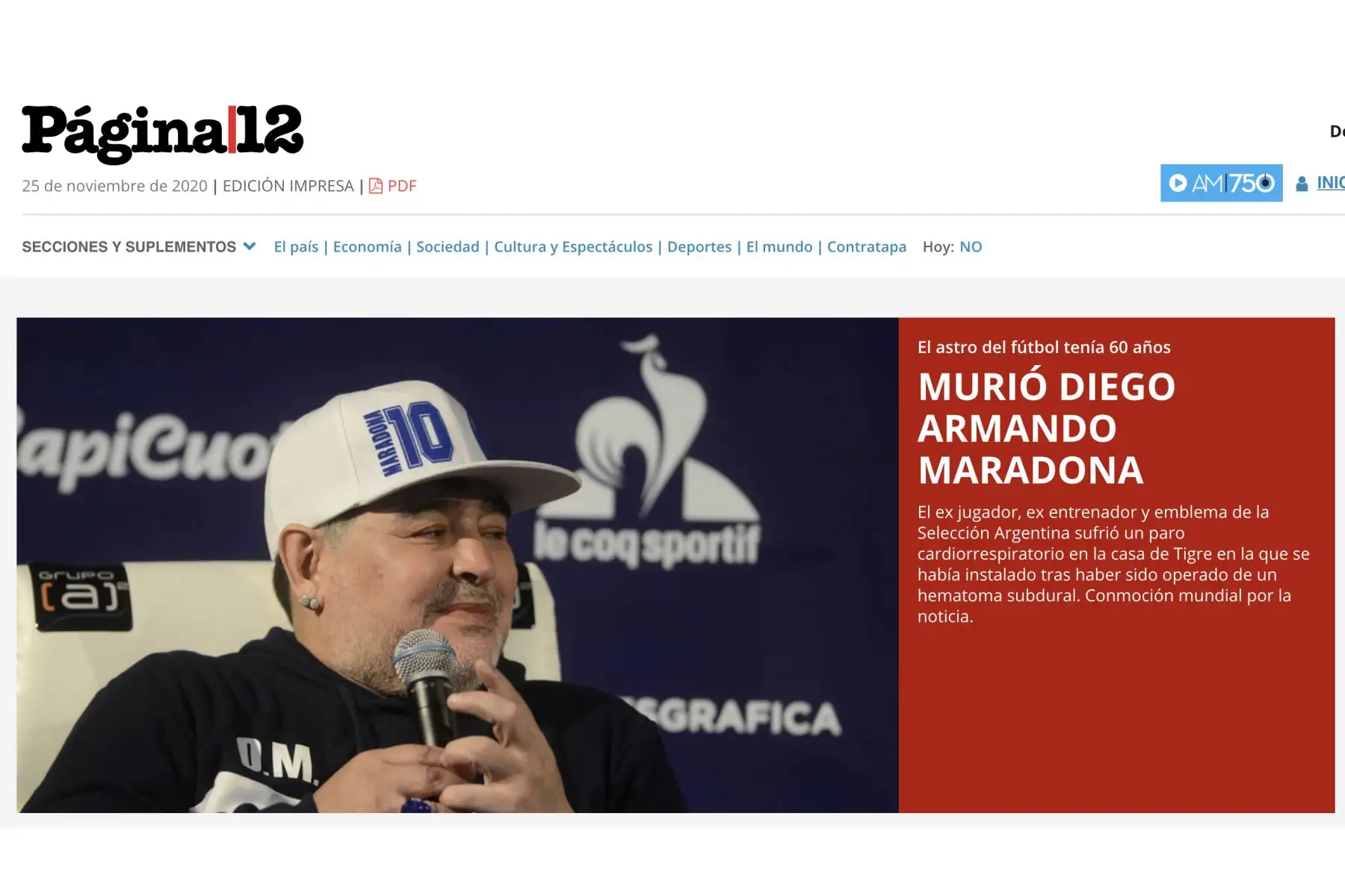 Diario El ClarínAsí informa la prensa mundial la muerte de Diego Armando Maradona. Página 12.