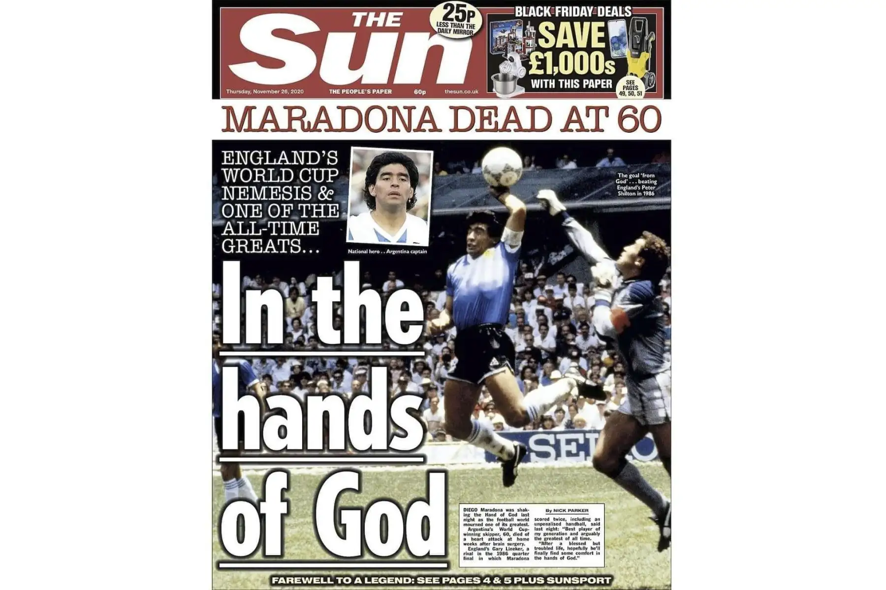 Así informa la prensa mundial la muerte de Diego Armando Maradona. The Sun de Reino unido.