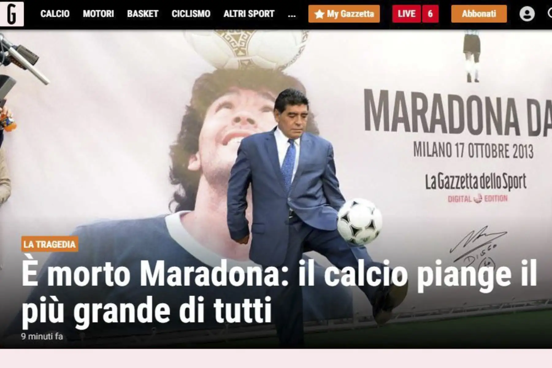 Así informa la prensa mundial la muerte de Diego Armando Maradona. Gazzeta de Italia