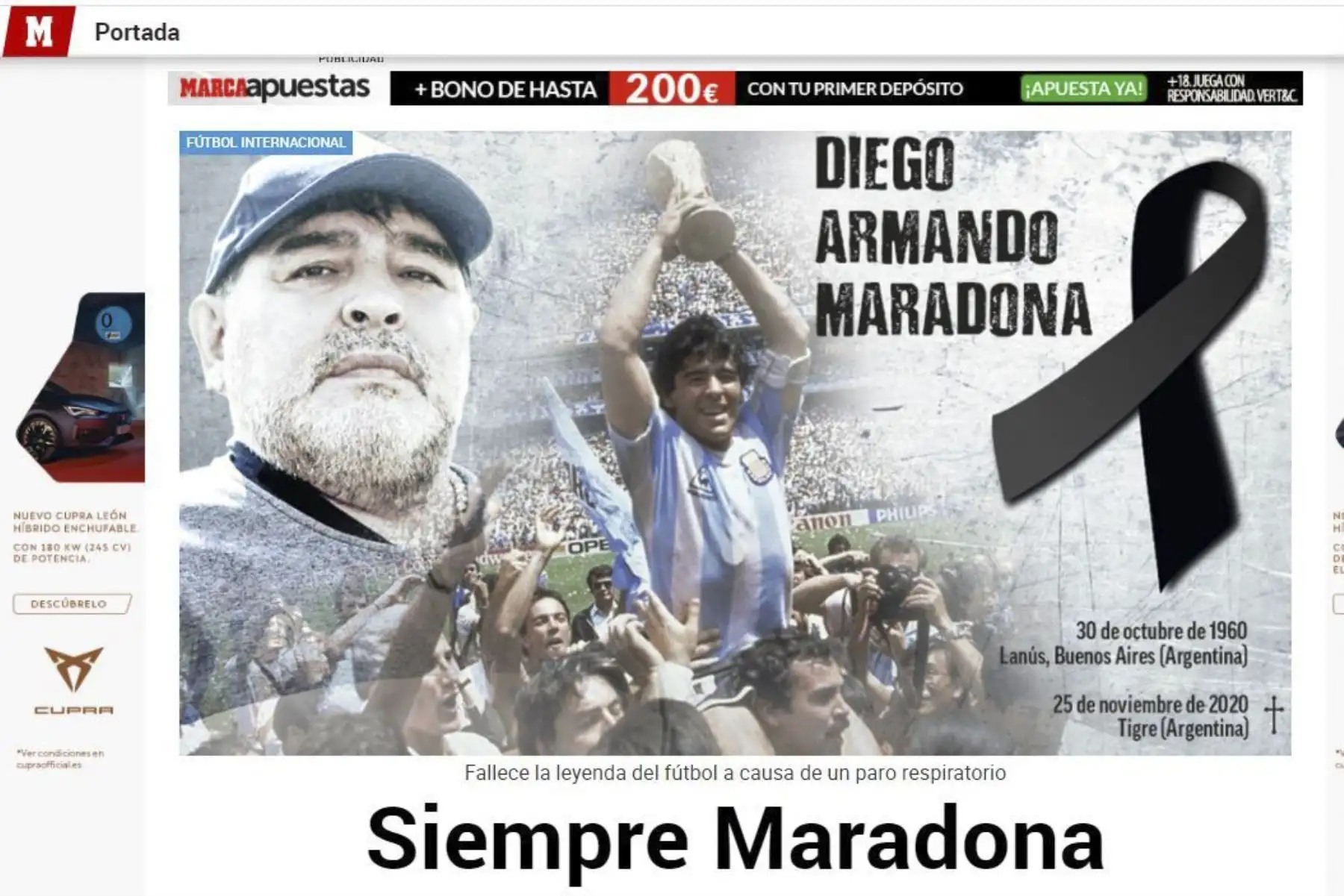 Así informa la prensa mundial la muerte de Diego Armando Maradona. Marca de España