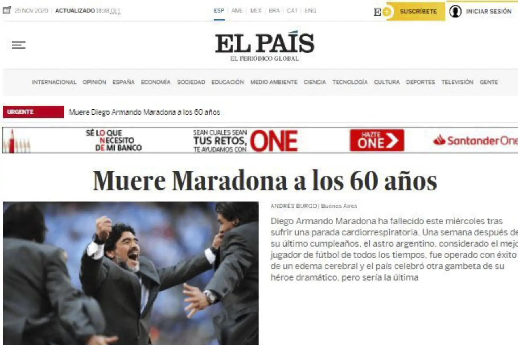 Así informa la prensa mundial la muerte de Diego Armando Maradona. El País de España