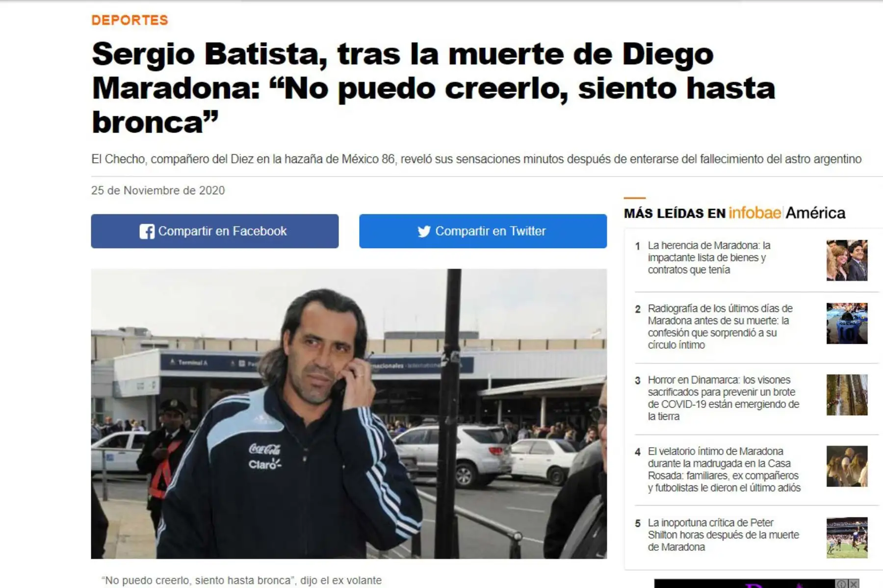Sergio Batista, ex futbolista y compañero de Diego Armando Maradona en la copa mundial de 1986 , se pronuncia por la muerte del astro argentino . 
Foto: Infobae